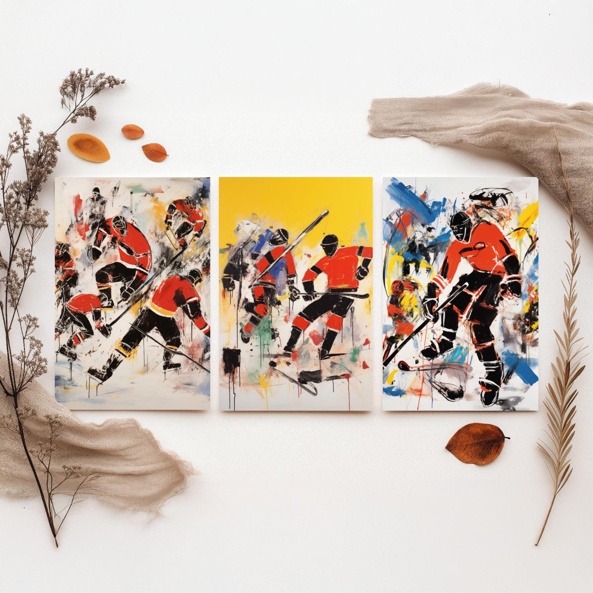 Ice Hockey Graffiti Set of Three Art Prints - Expressive Players in Red and Black - Bold Sport Poster Painting