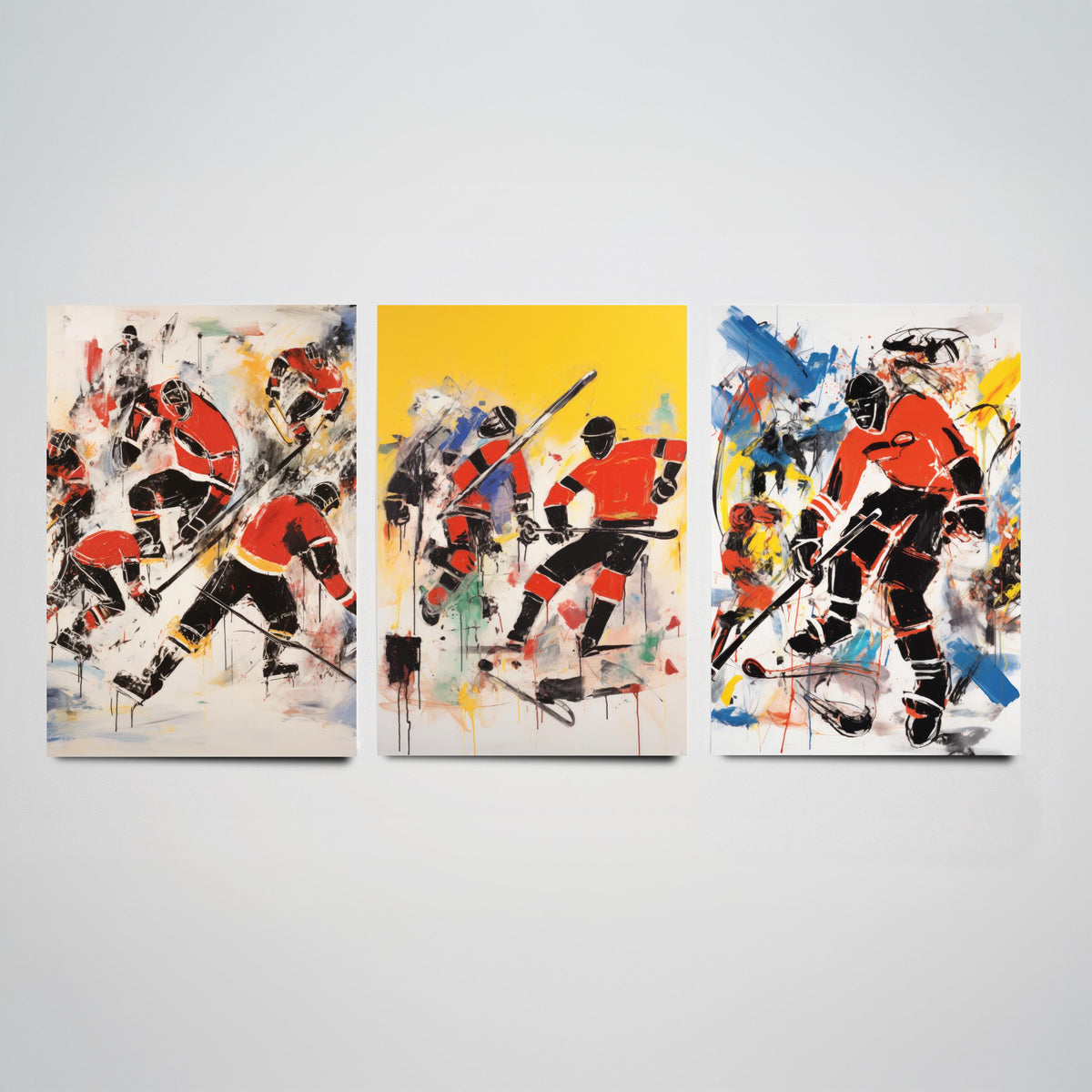Ice Hockey Graffiti Set of Three Art Prints - Expressive Players in Red and Black - Bold Sport Poster Painting