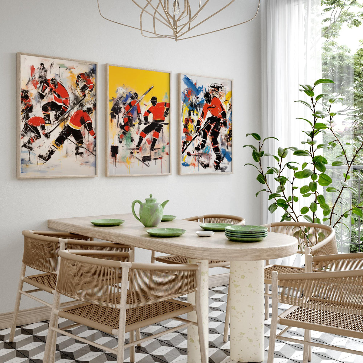 Ice Hockey Graffiti Set of Three Art Prints - Expressive Players in Red and Black - Bold Sport Poster Painting