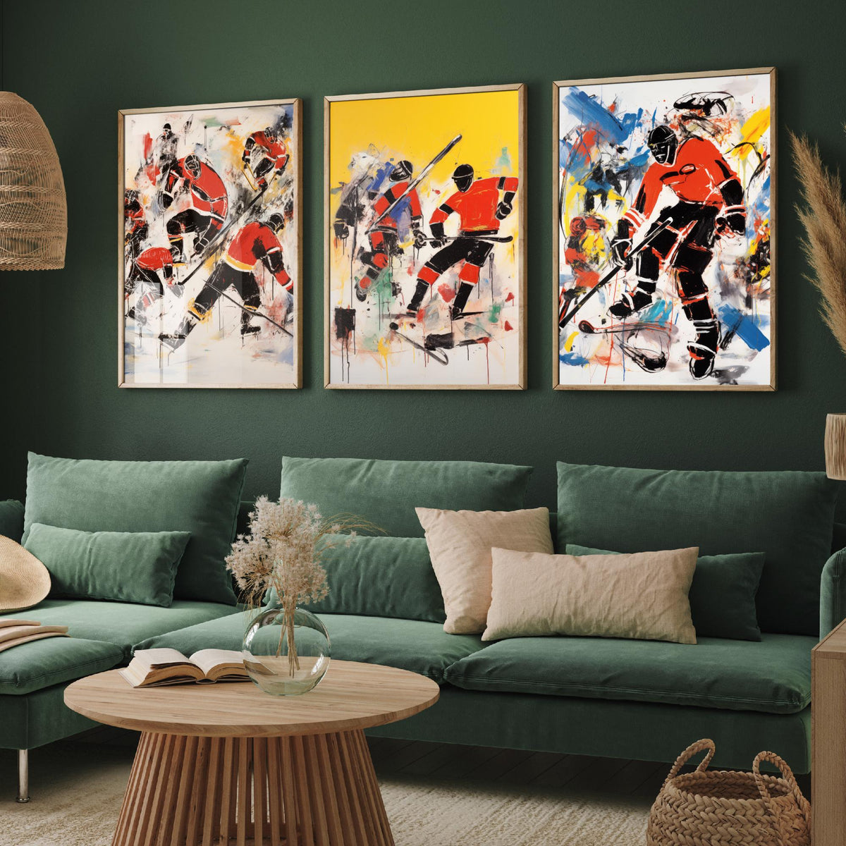 Ice Hockey Graffiti Set of Three Art Prints - Expressive Players in Red and Black - Bold Sport Poster Painting