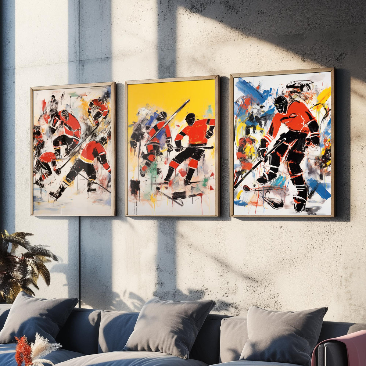 Ice Hockey Graffiti Set of Three Art Prints - Expressive Players in Red and Black - Bold Sport Poster Painting