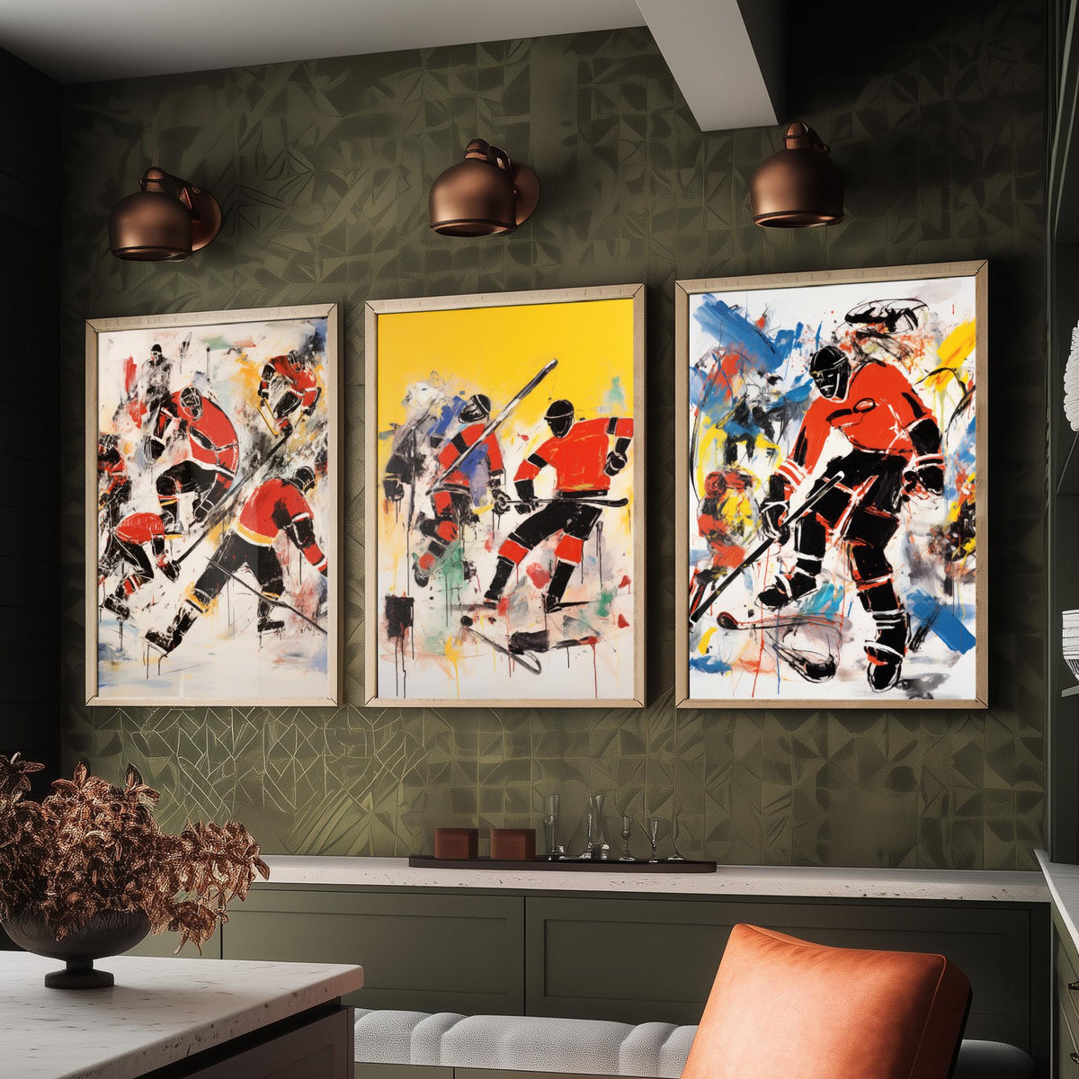 Ice Hockey Graffiti Set of Three Art Prints - Expressive Players in Red and Black - Bold Sport Poster Painting