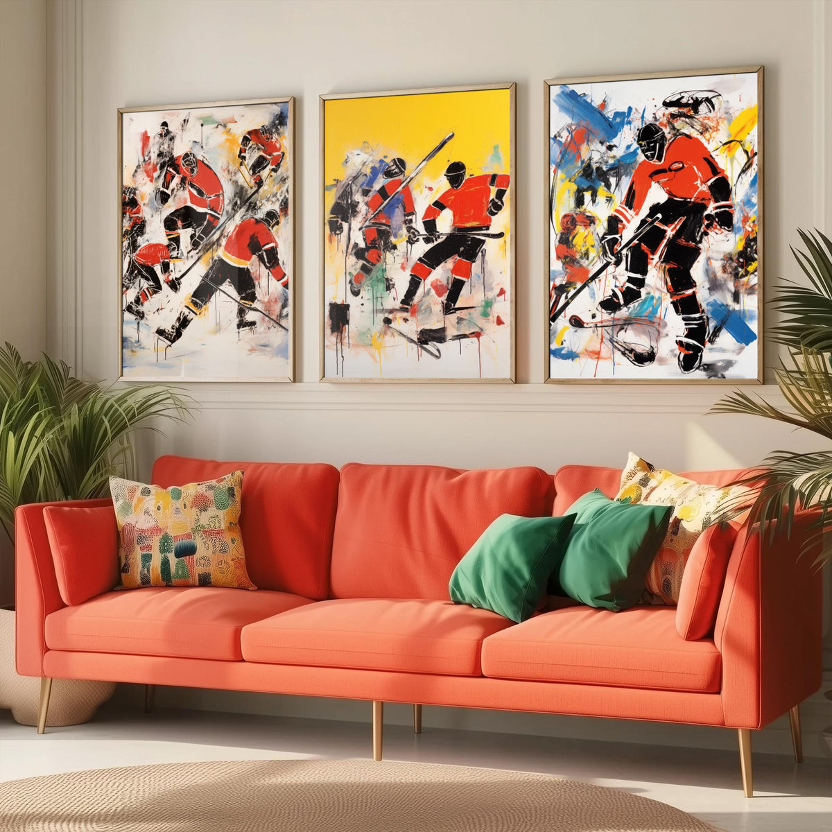 Ice Hockey Graffiti Set of Three Art Prints - Expressive Players in Red and Black - Bold Sport Poster Painting