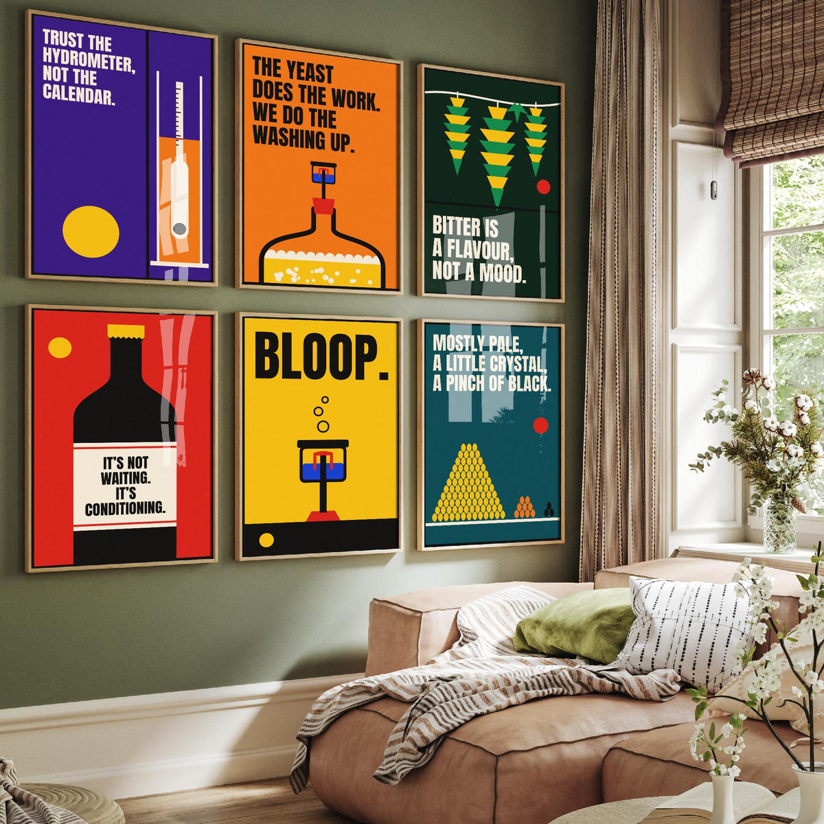 Set of Six Home Brewing Quote Art Prints - 6 Bauhaus Beer Brewer Posters - Minimalist Kitchen Illustration - Hydrometer, Hops, Airlock