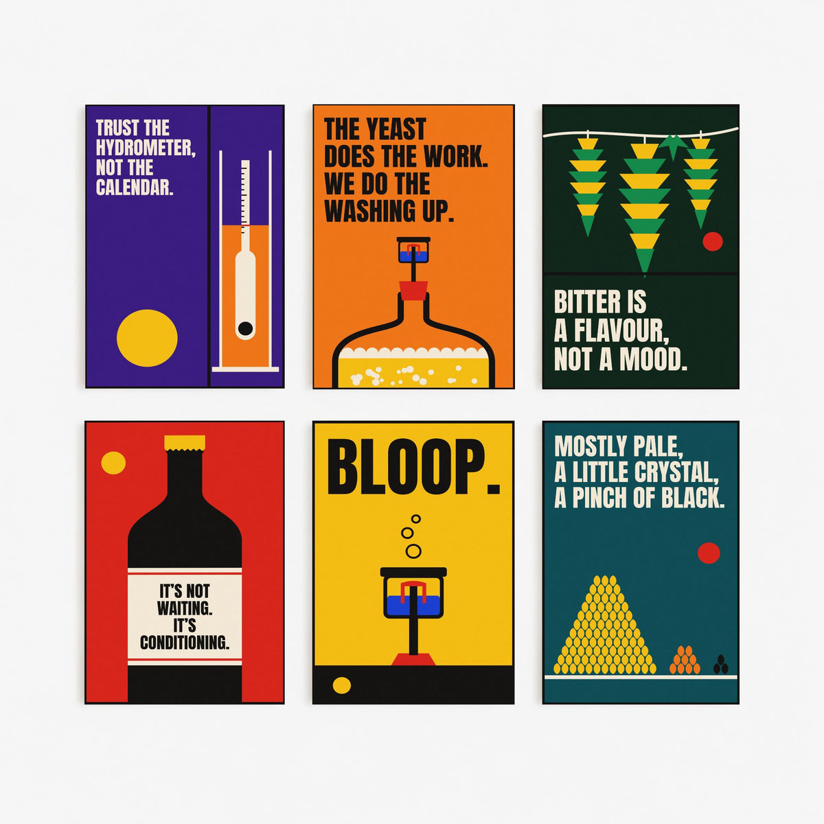 Set of Six Home Brewing Quote Art Prints - 6 Bauhaus Beer Brewer Posters - Minimalist Kitchen Illustration - Hydrometer, Hops, Airlock