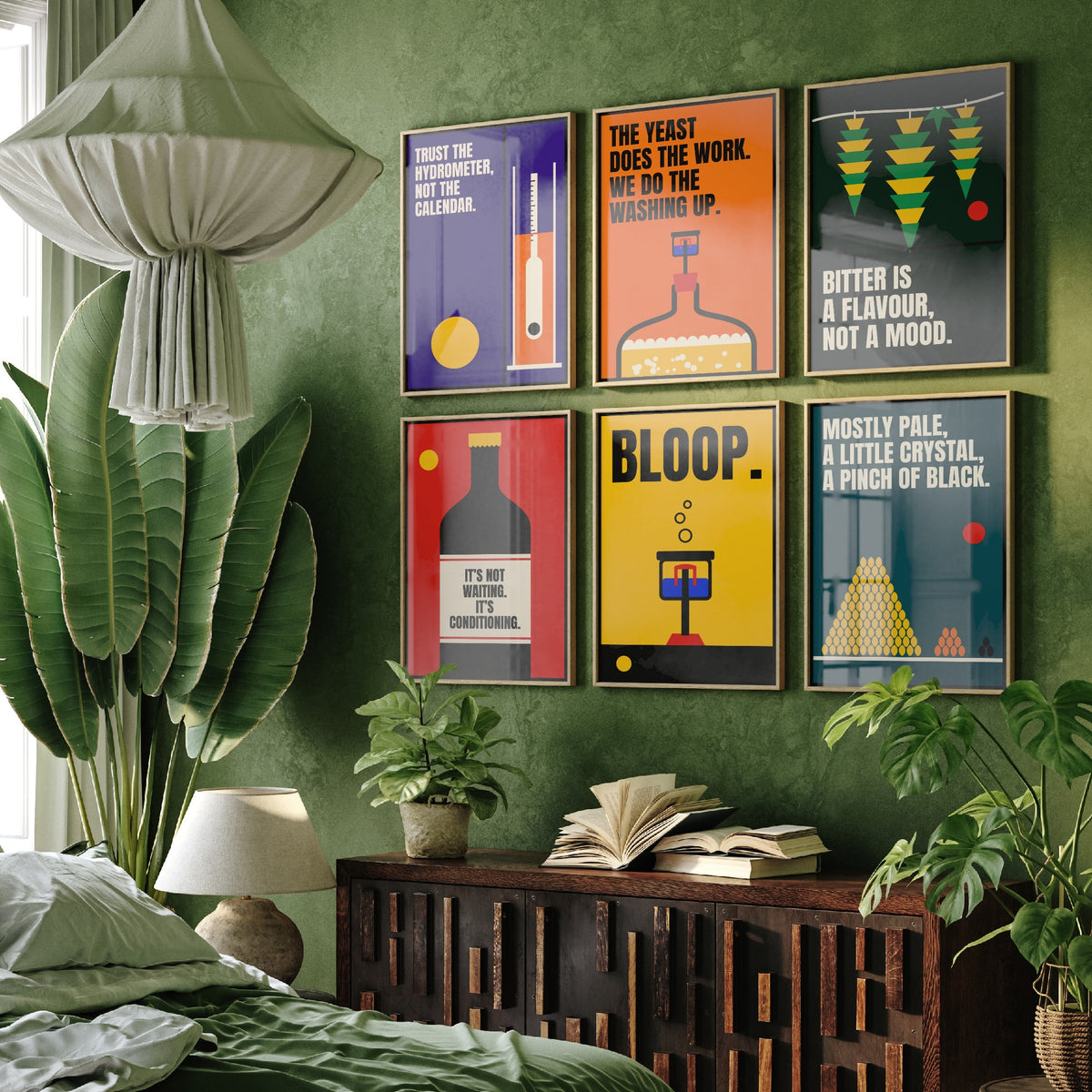 Set of Six Home Brewing Quote Art Prints - 6 Bauhaus Beer Brewer Posters - Minimalist Kitchen Illustration - Hydrometer, Hops, Airlock
