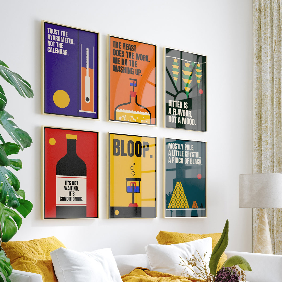 Set of Six Home Brewing Quote Art Prints - 6 Bauhaus Beer Brewer Posters - Minimalist Kitchen Illustration - Hydrometer, Hops, Airlock