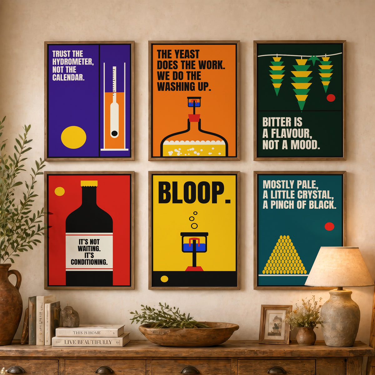 Set of Six Home Brewing Quote Art Prints - 6 Bauhaus Beer Brewer Posters - Minimalist Kitchen Illustration - Hydrometer, Hops, Airlock