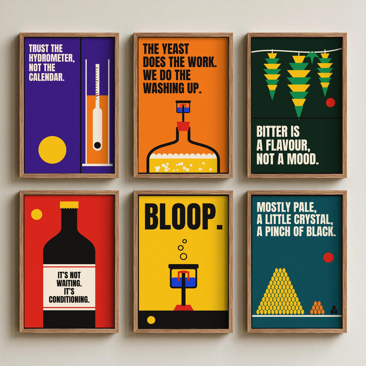 Set of Six Home Brewing Quote Art Prints - 6 Bauhaus Beer Brewer Posters - Minimalist Kitchen Illustration - Hydrometer, Hops, Airlock
