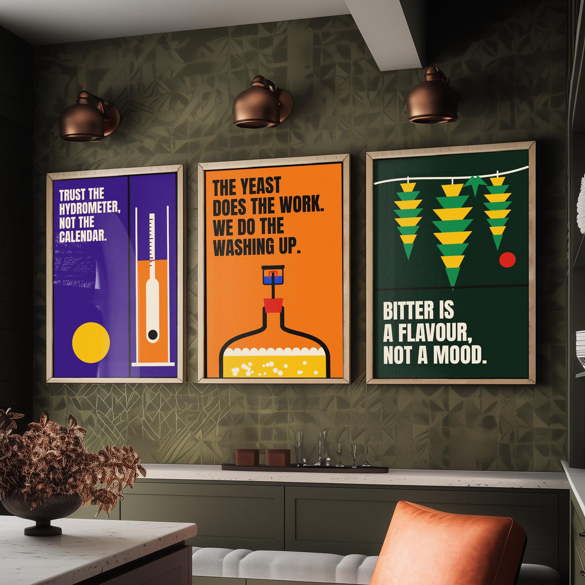 Home Brewing Quotes Set of Three Art Prints - 3 Bauhaus Beer Brewer Posters - Minimalist Kitchen Wall Art Illustration V1