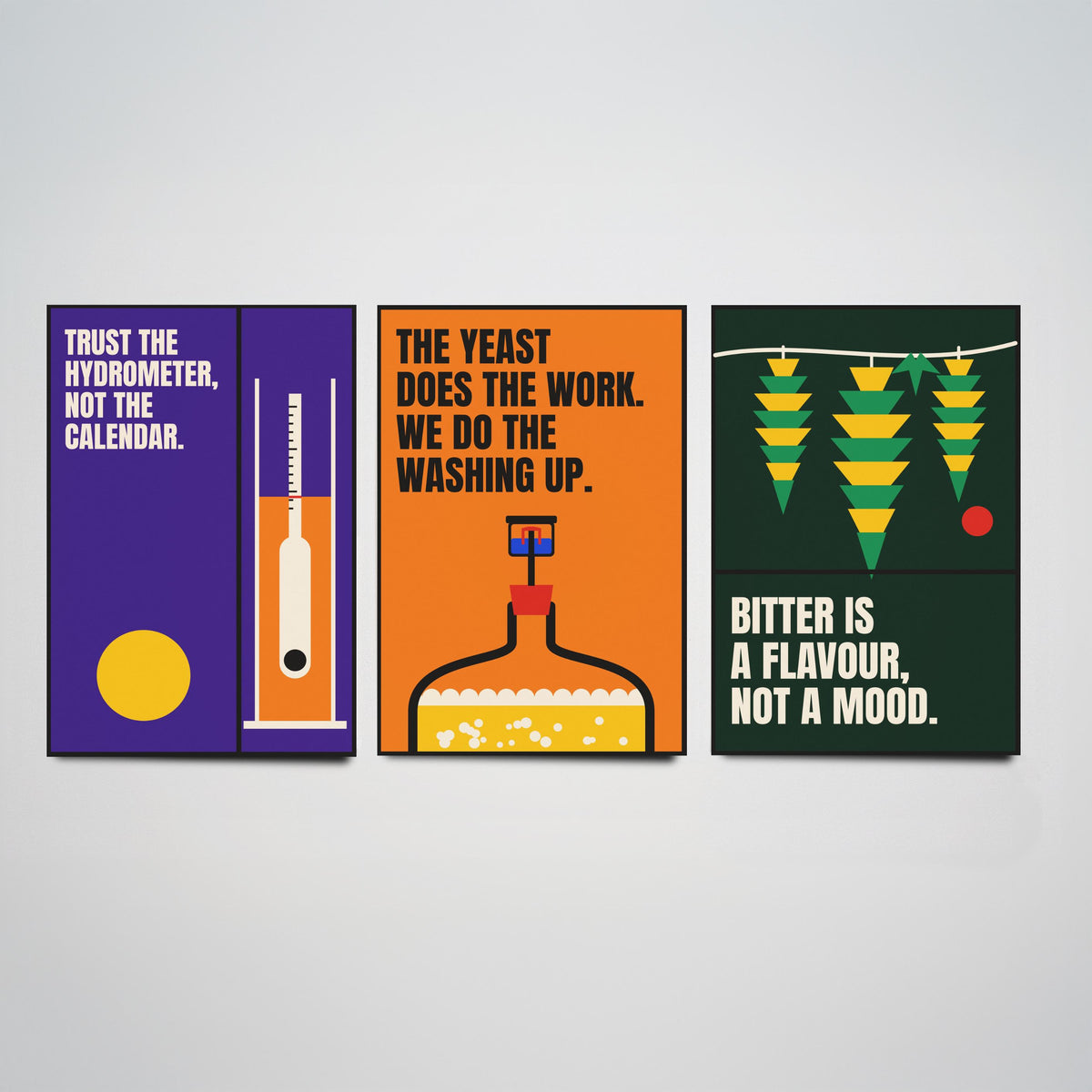 Home Brewing Quotes Set of Three Art Prints - 3 Bauhaus Beer Brewer Posters - Minimalist Kitchen Wall Art Illustration V1