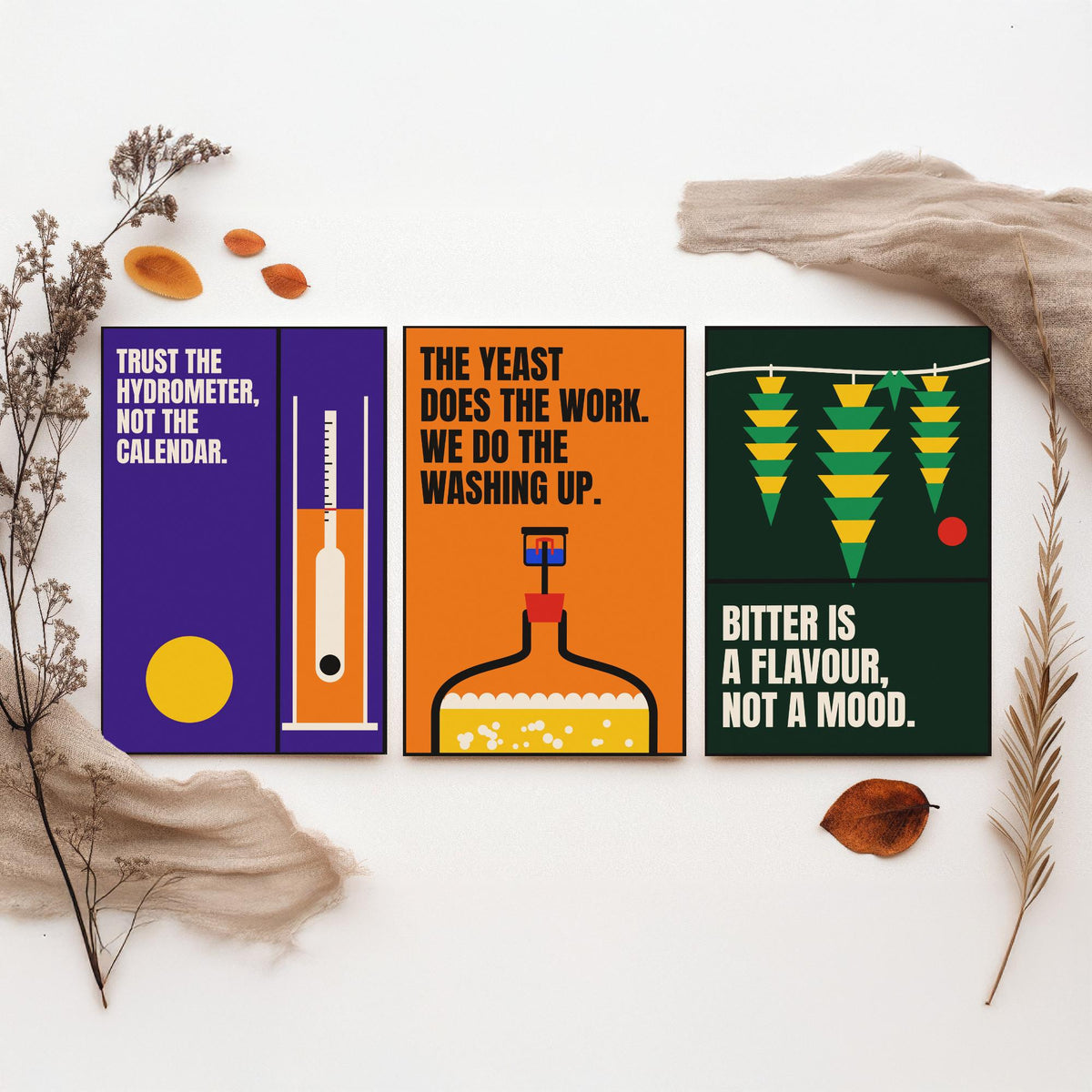 Home Brewing Quotes Set of Three Art Prints - 3 Bauhaus Beer Brewer Posters - Minimalist Kitchen Wall Art Illustration V1