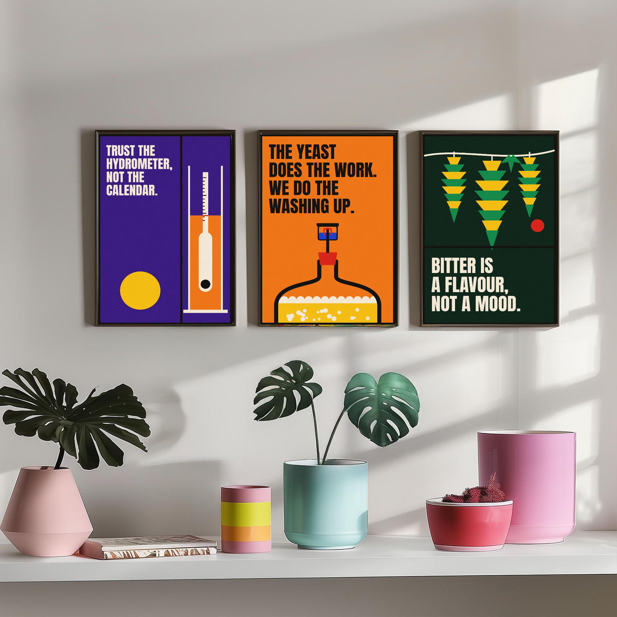 Home Brewing Quotes Set of Three Art Prints - 3 Bauhaus Beer Brewer Posters - Minimalist Kitchen Wall Art Illustration V1