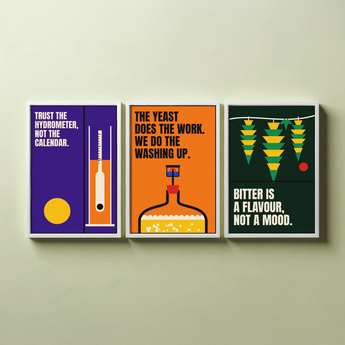 Home Brewing Quotes Set of Three Art Prints - 3 Bauhaus Beer Brewer Posters - Minimalist Kitchen Wall Art Illustration V1