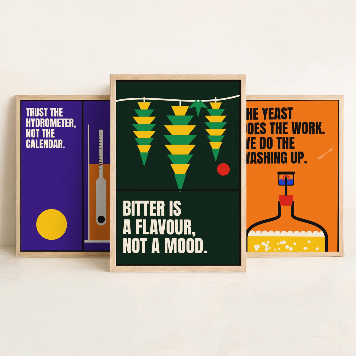 Home Brewing Quotes Set of Three Art Prints - 3 Bauhaus Beer Brewer Posters - Minimalist Kitchen Wall Art Illustration V1