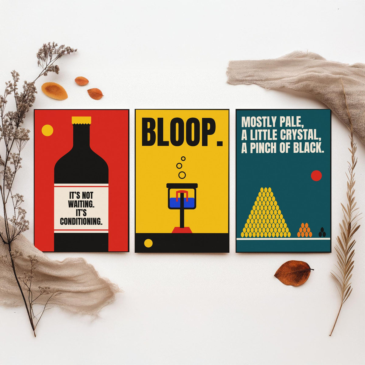 Home Brewing Quotes Set of Three Art Prints - 3 Retro Bauhaus Beer Brewer Posters - Minimalist Kitchen Wall Art Illustration V2