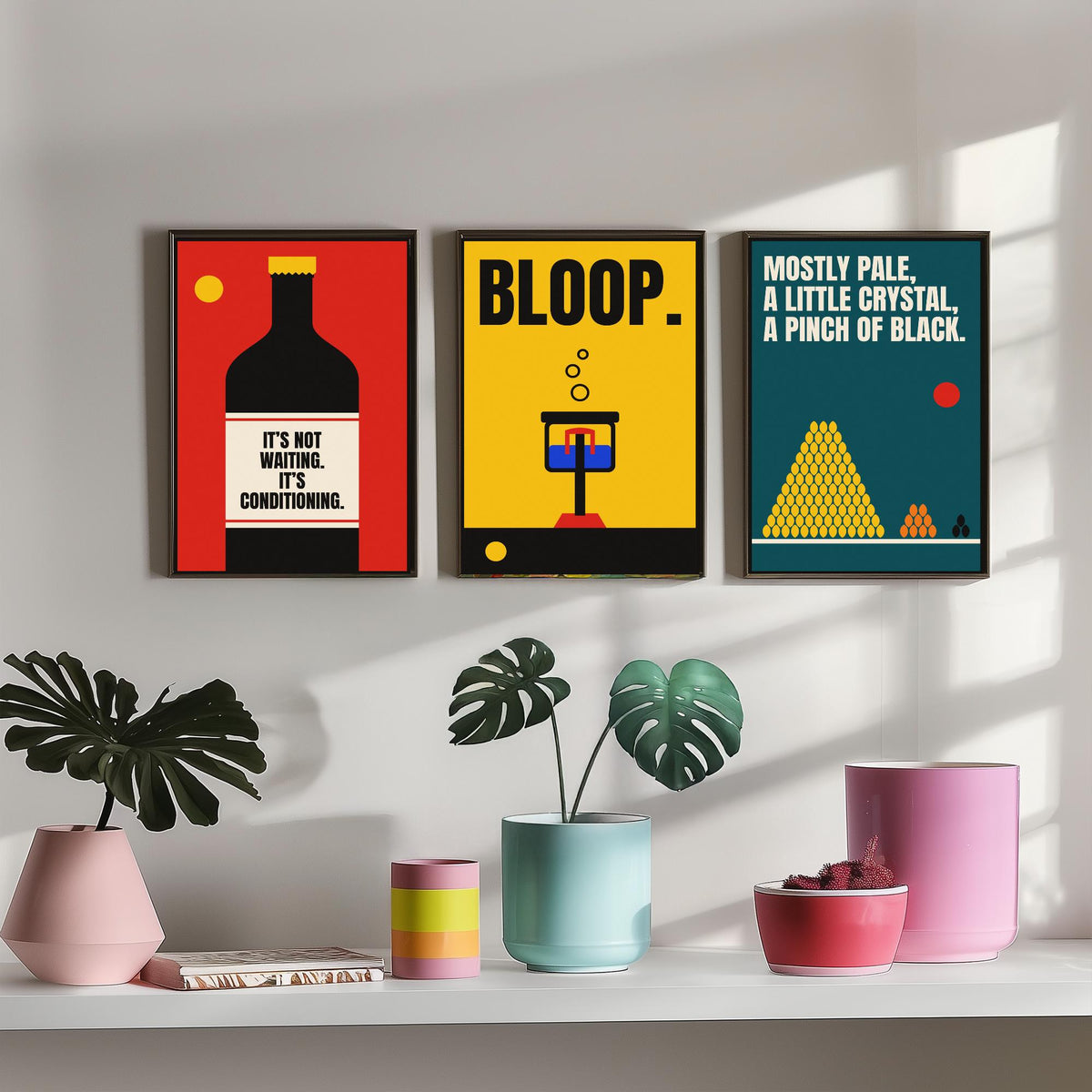 Home Brewing Quotes Set of Three Art Prints - 3 Retro Bauhaus Beer Brewer Posters - Minimalist Kitchen Wall Art Illustration V2
