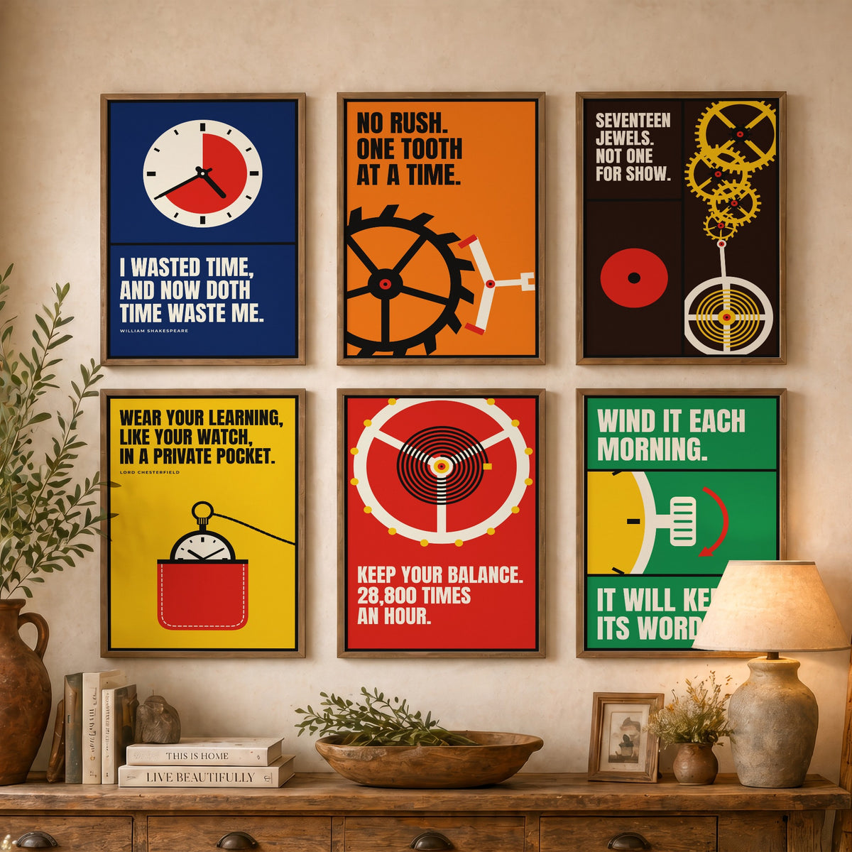 Set of Six Horology Quote Art Prints - 6 Bauhaus Watchmaking Posters - Minimalist Craft Illustration - Clock, Gears, Pocket Watch