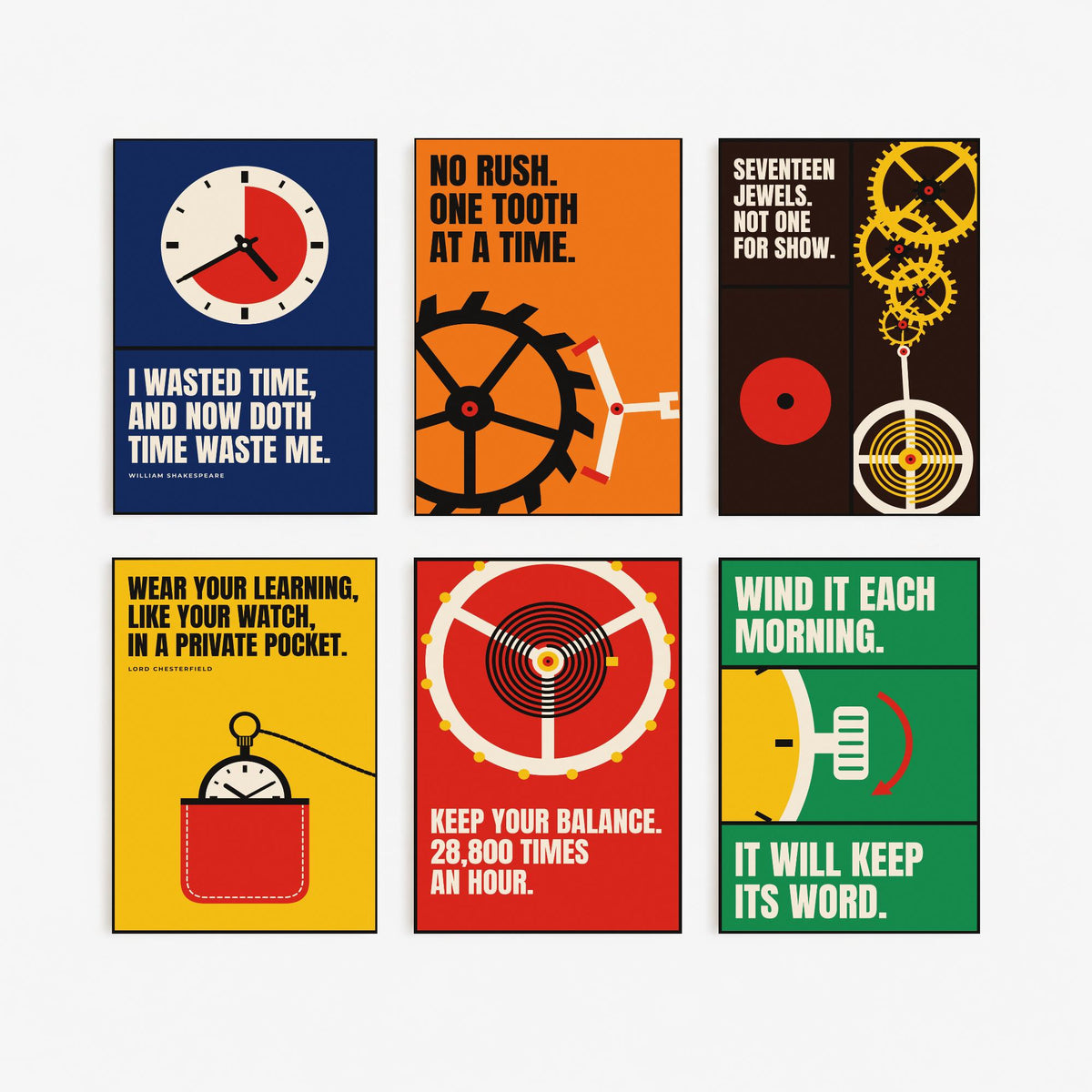 Set of Six Horology Quote Art Prints - 6 Bauhaus Watchmaking Posters - Minimalist Craft Illustration - Clock, Gears, Pocket Watch