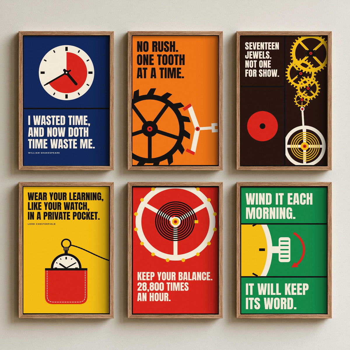 Set of Six Horology Quote Art Prints - 6 Bauhaus Watchmaking Posters - Minimalist Craft Illustration - Clock, Gears, Pocket Watch