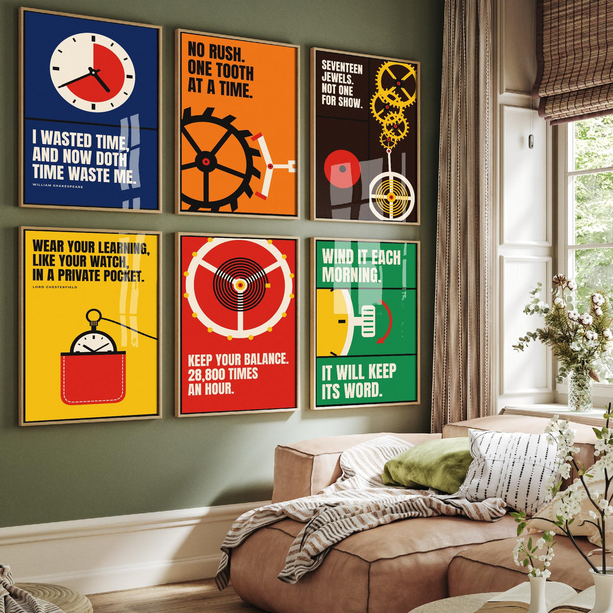 Set of Six Horology Quote Art Prints - 6 Bauhaus Watchmaking Posters - Minimalist Craft Illustration - Clock, Gears, Pocket Watch
