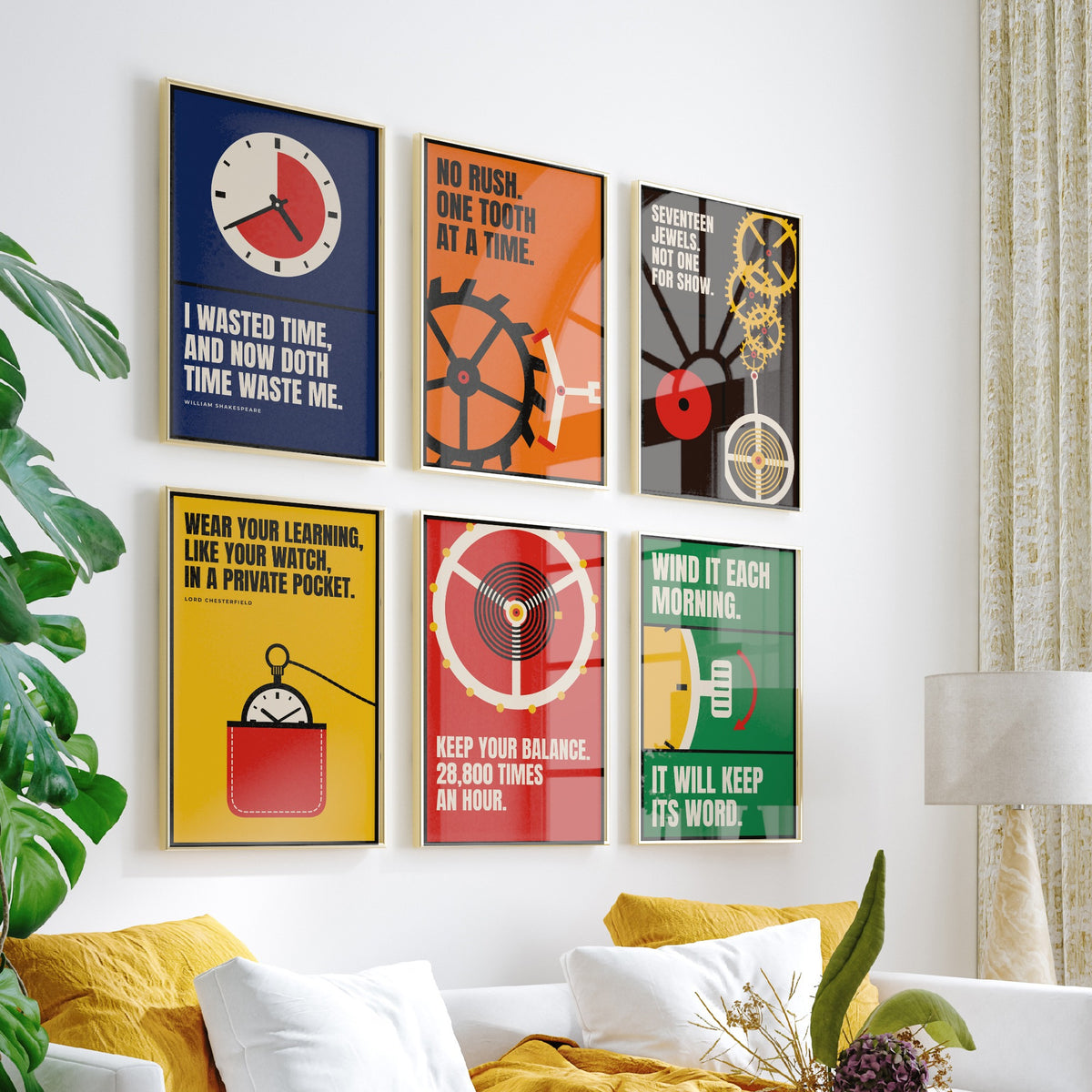 Set of Six Horology Quote Art Prints - 6 Bauhaus Watchmaking Posters - Minimalist Craft Illustration - Clock, Gears, Pocket Watch