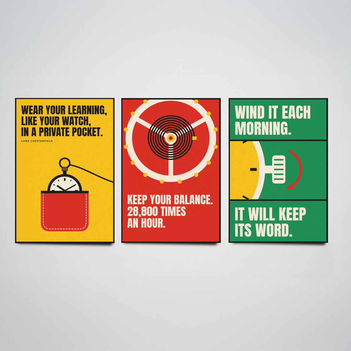 Horology Quotes Set of Three Art Prints - 3 Retro Bauhaus Watchmaking Posters - Minimalist Craft Wall Art Illustration V2