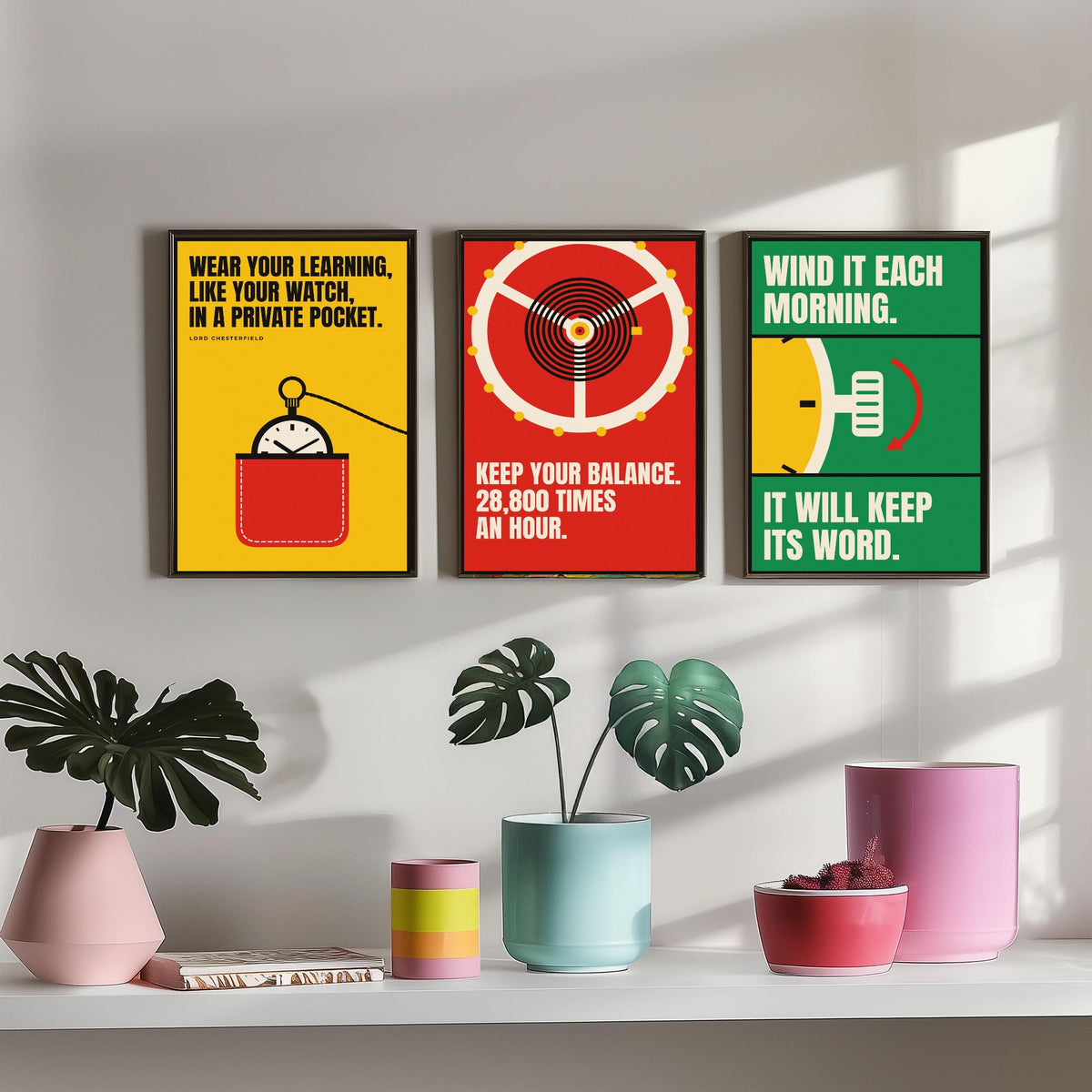 Horology Quotes Set of Three Art Prints - 3 Retro Bauhaus Watchmaking Posters - Minimalist Craft Wall Art Illustration V2