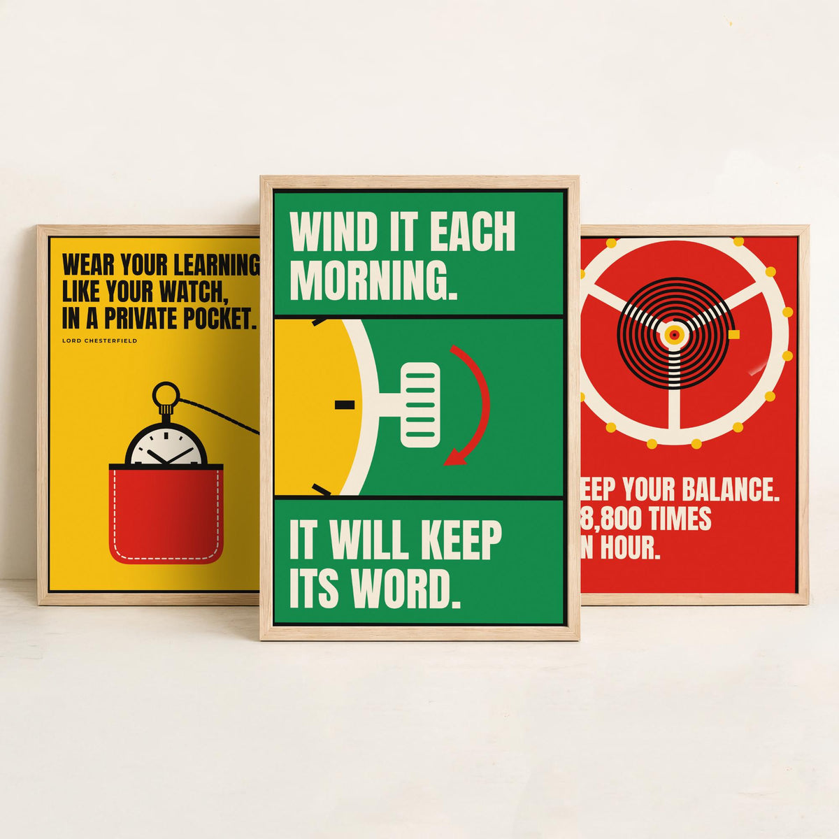 Horology Quotes Set of Three Art Prints - 3 Retro Bauhaus Watchmaking Posters - Minimalist Craft Wall Art Illustration V2