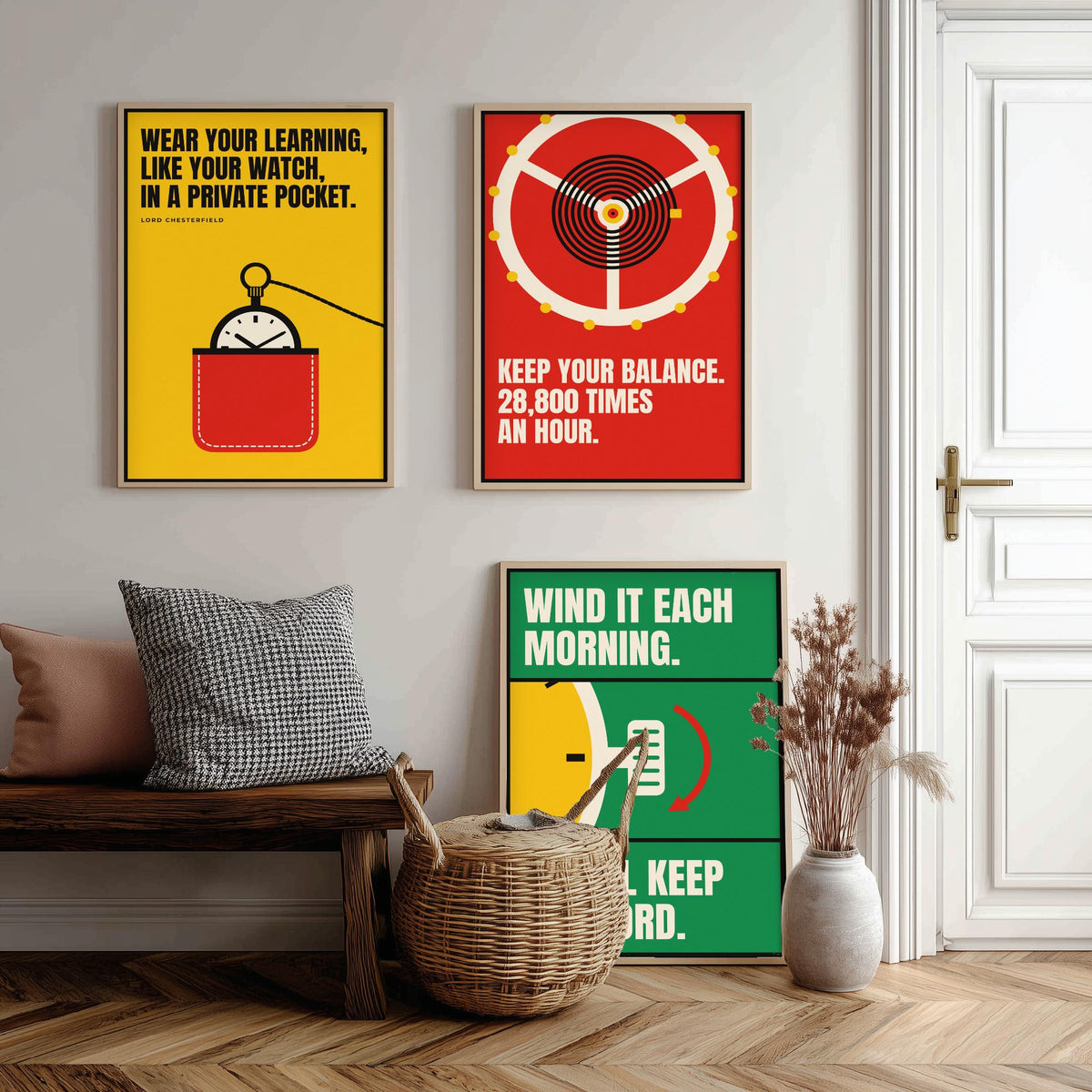 Horology Quotes Set of Three Art Prints - 3 Retro Bauhaus Watchmaking Posters - Minimalist Craft Wall Art Illustration V2