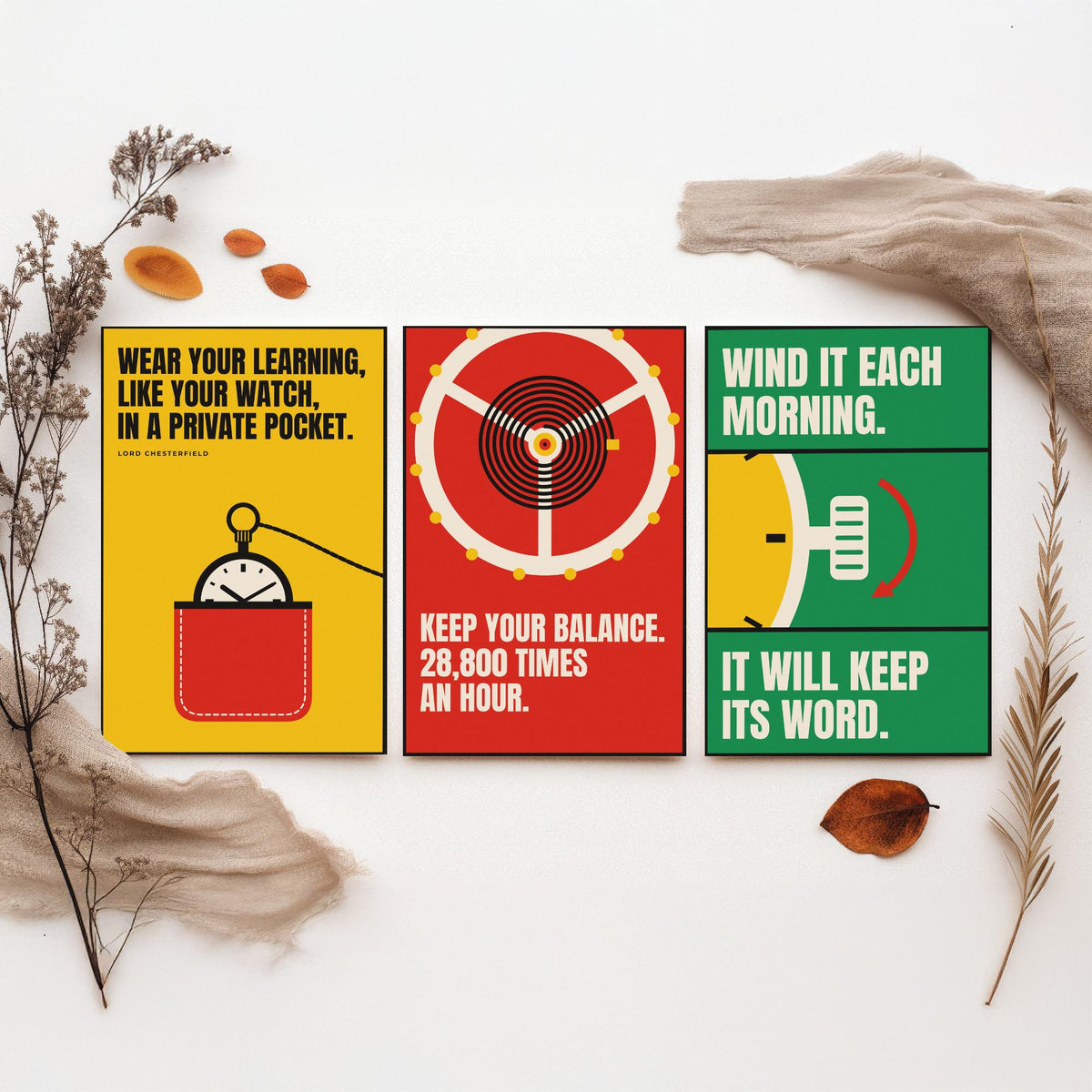 Horology Quotes Set of Three Art Prints - 3 Retro Bauhaus Watchmaking Posters - Minimalist Craft Wall Art Illustration V2