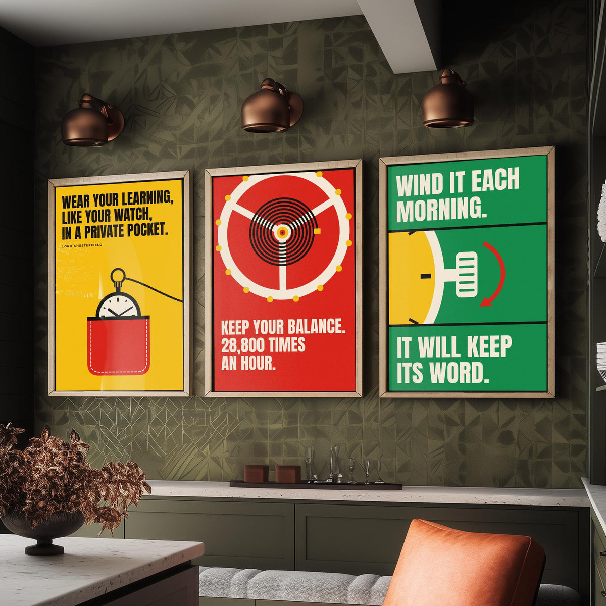 Horology Quotes Set of Three Art Prints - 3 Retro Bauhaus Watchmaking Posters - Minimalist Craft Wall Art Illustration V2