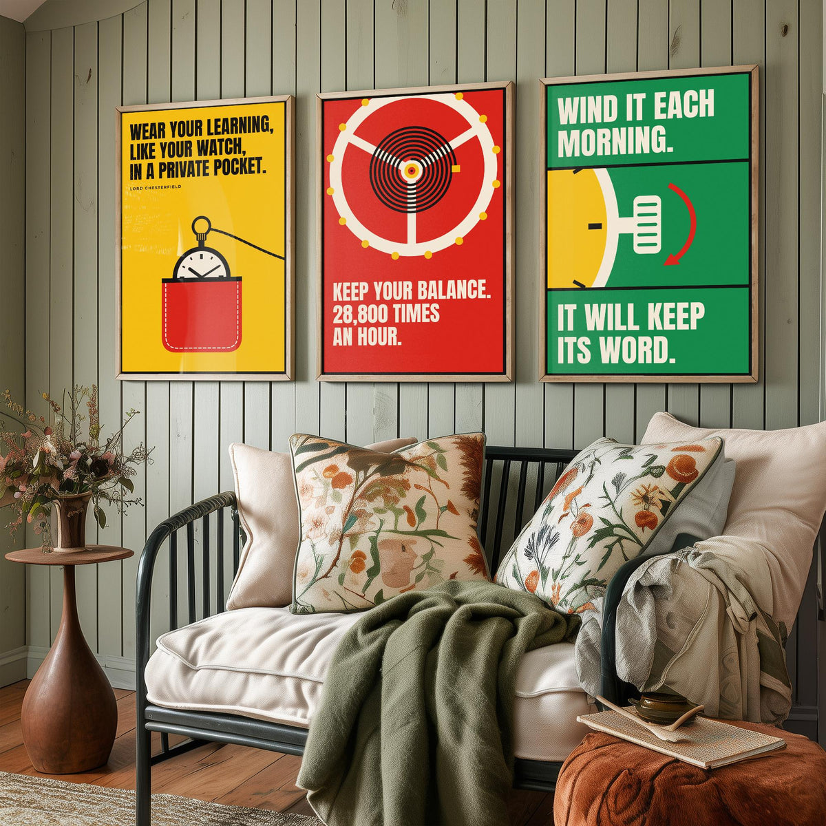 Horology Quotes Set of Three Art Prints - 3 Retro Bauhaus Watchmaking Posters - Minimalist Craft Wall Art Illustration V2