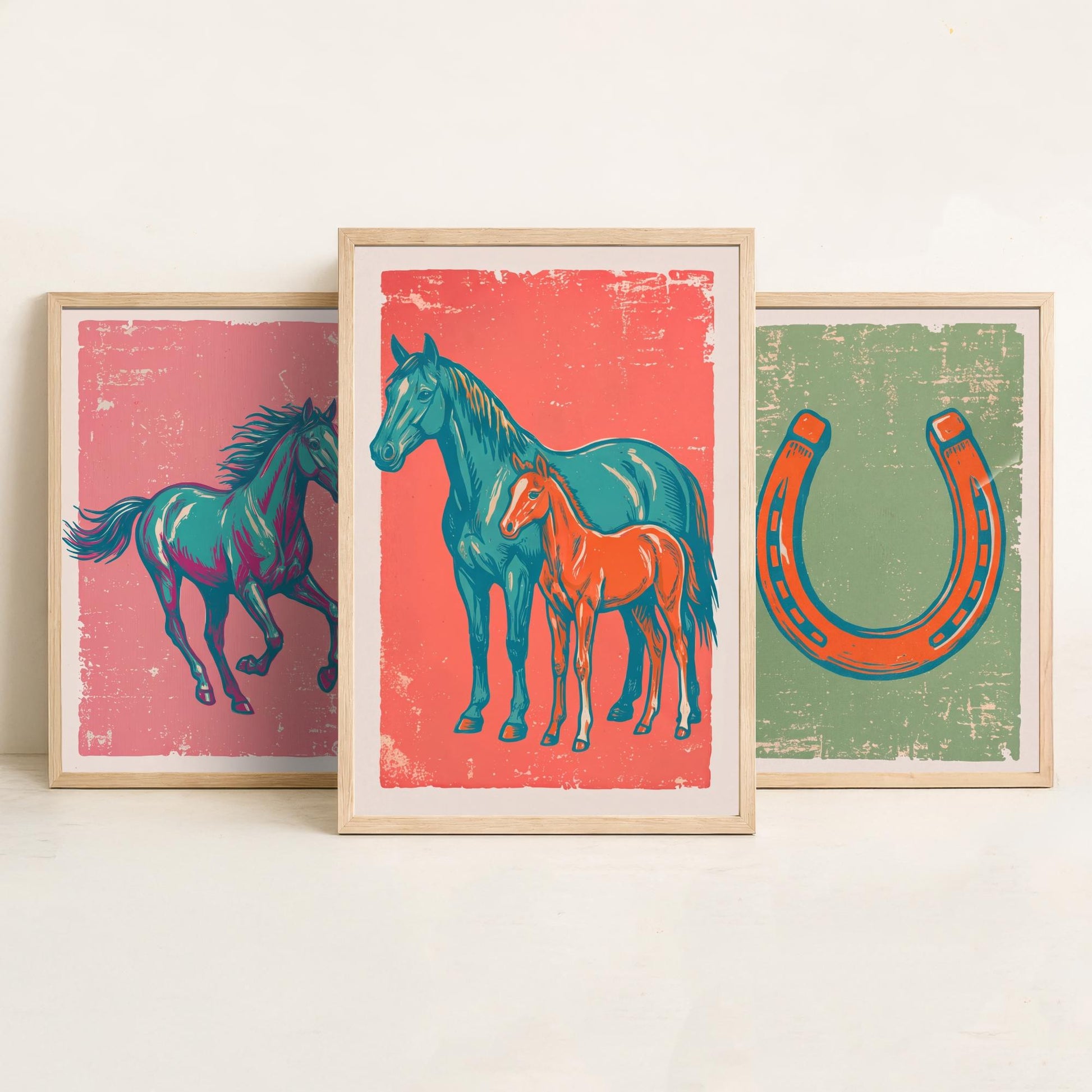 Galloping Horse, Horseshoe and Mare with Foal - Set of Three Horse Art Prints - Linocut Illustrations - Equestrian Posters V2