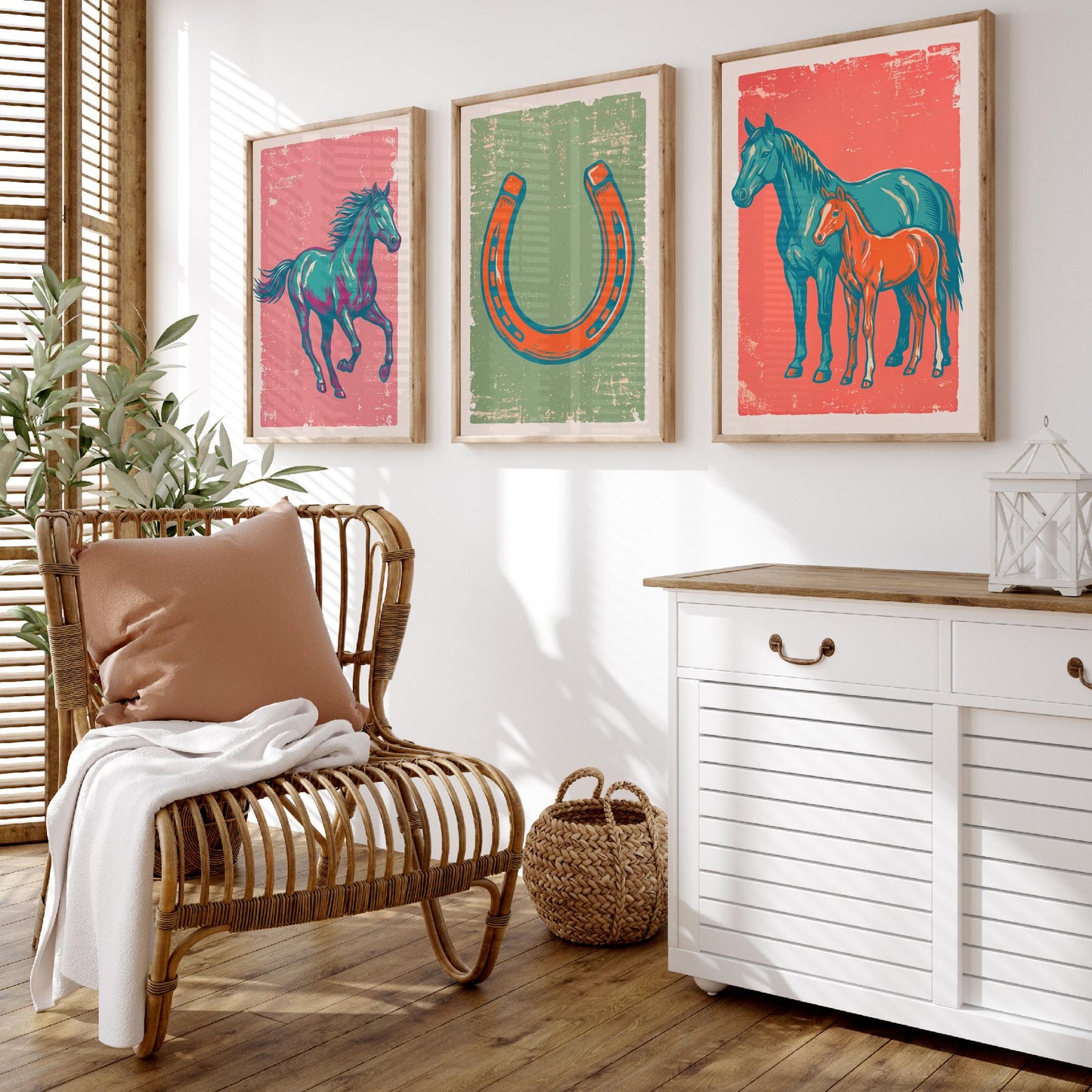 Galloping Horse, Horseshoe and Mare with Foal - Set of Three Horse Art Prints - Linocut Illustrations - Equestrian Posters V2
