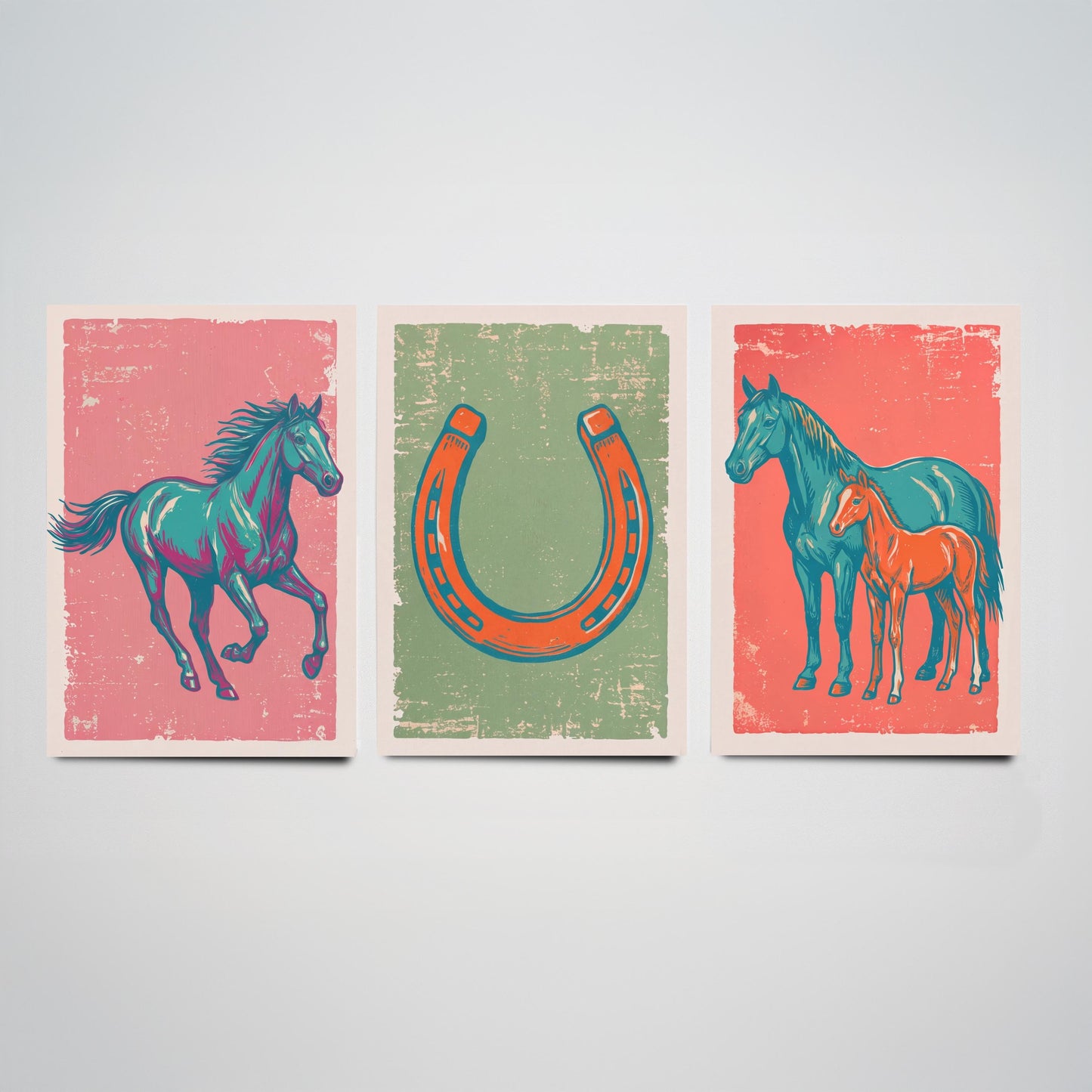 Galloping Horse, Horseshoe and Mare with Foal - Set of Three Horse Art Prints - Linocut Illustrations - Equestrian Posters V2