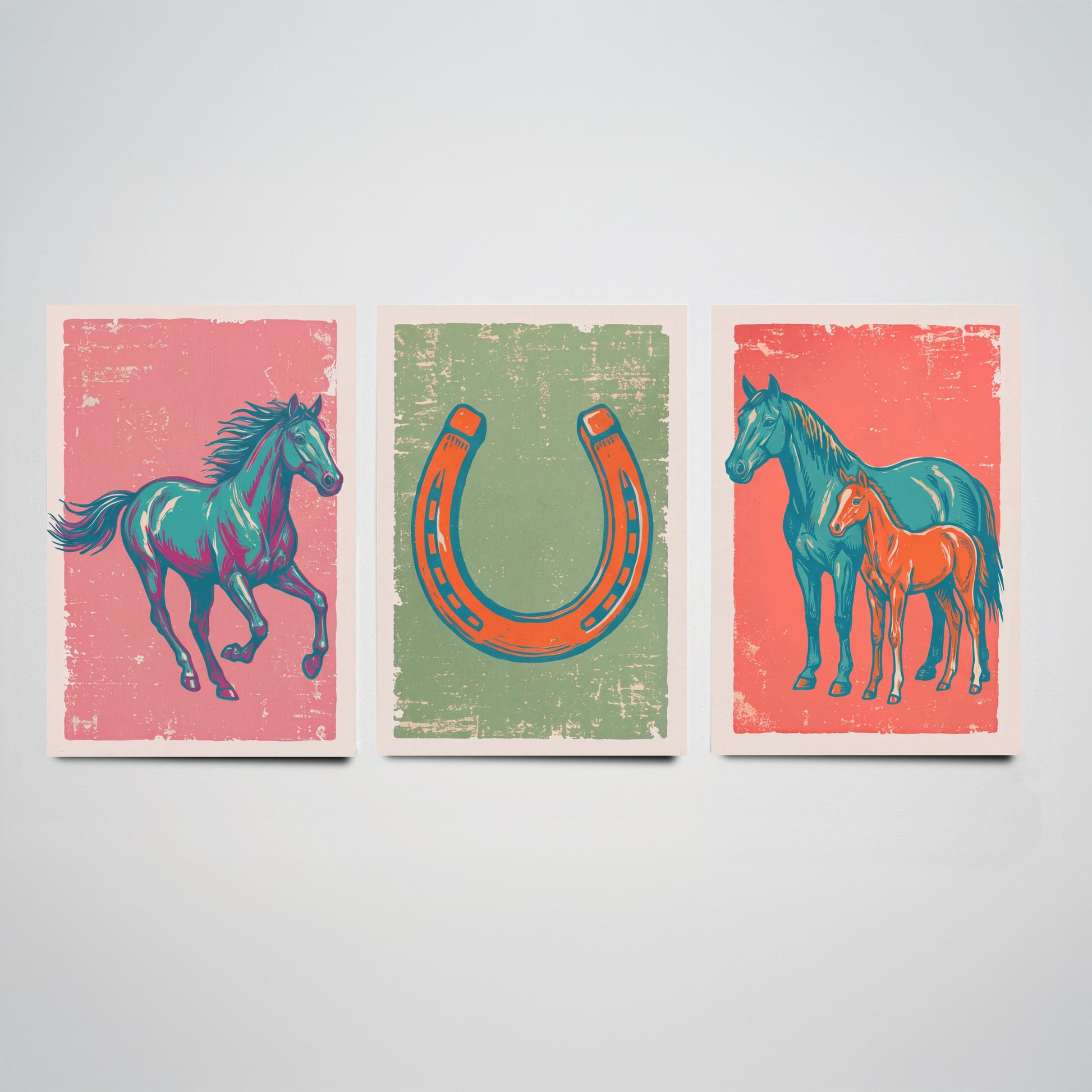 Galloping Horse, Horseshoe and Mare with Foal - Set of Three Horse Art Prints - Linocut Illustrations - Equestrian Posters V2