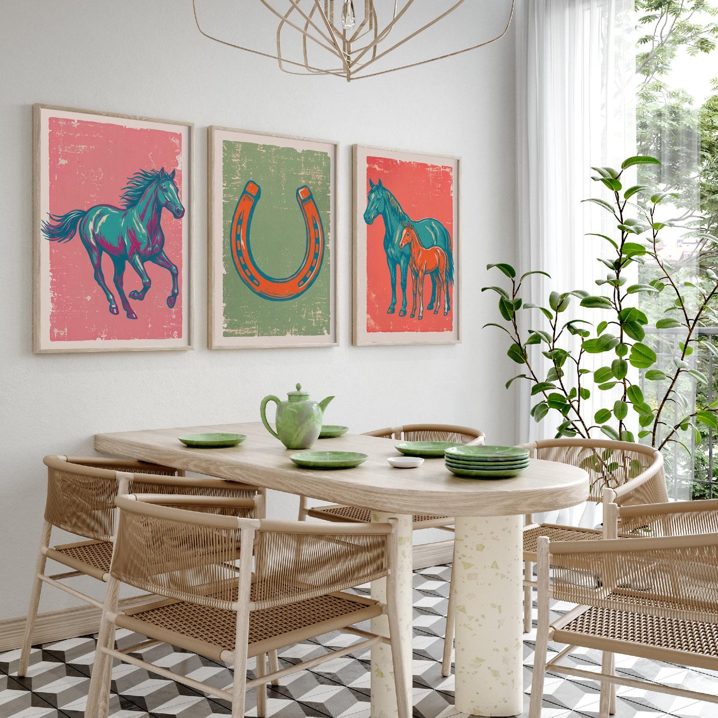Galloping Horse, Horseshoe and Mare with Foal - Set of Three Horse Art Prints - Linocut Illustrations - Equestrian Posters V2