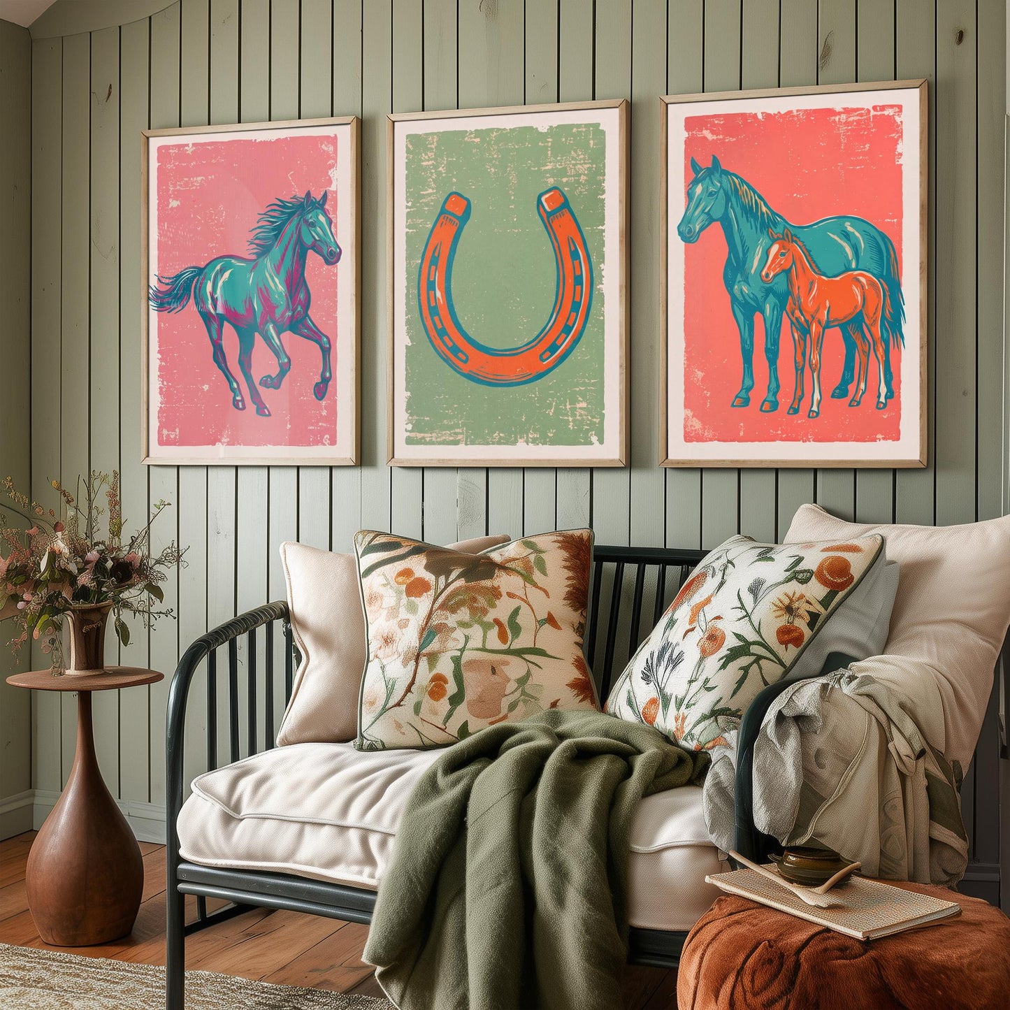 Galloping Horse, Horseshoe and Mare with Foal - Set of Three Horse Art Prints - Linocut Illustrations - Equestrian Posters V2