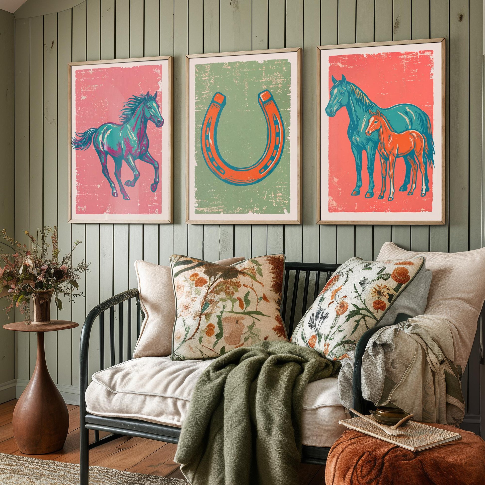 Galloping Horse, Horseshoe and Mare with Foal - Set of Three Horse Art Prints - Linocut Illustrations - Equestrian Posters V2