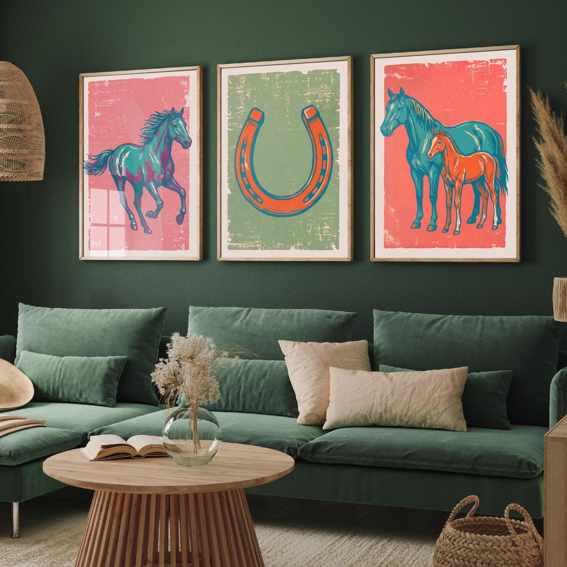 Galloping Horse, Horseshoe and Mare with Foal - Set of Three Horse Art Prints - Linocut Illustrations - Equestrian Posters V2