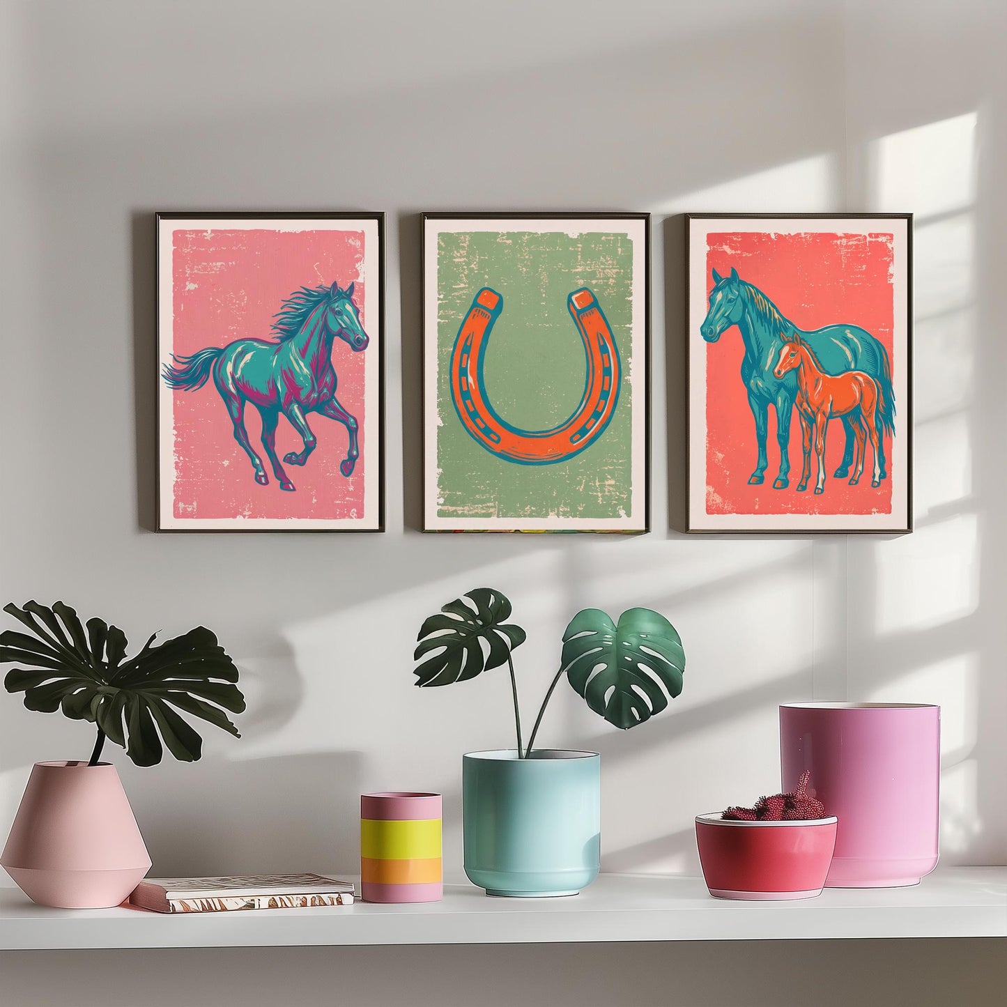 Galloping Horse, Horseshoe and Mare with Foal - Set of Three Horse Art Prints - Linocut Illustrations - Equestrian Posters V2