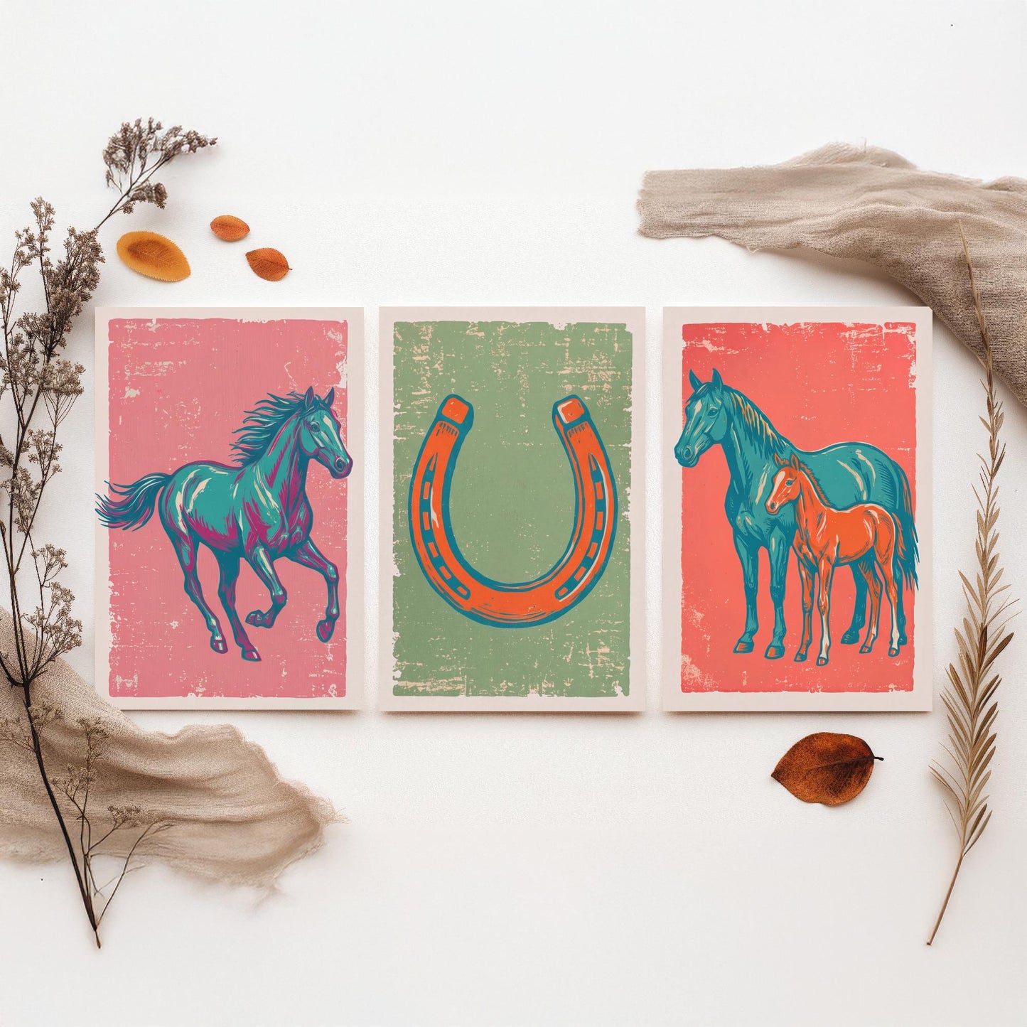 Galloping Horse, Horseshoe and Mare with Foal - Set of Three Horse Art Prints - Linocut Illustrations - Equestrian Posters V2