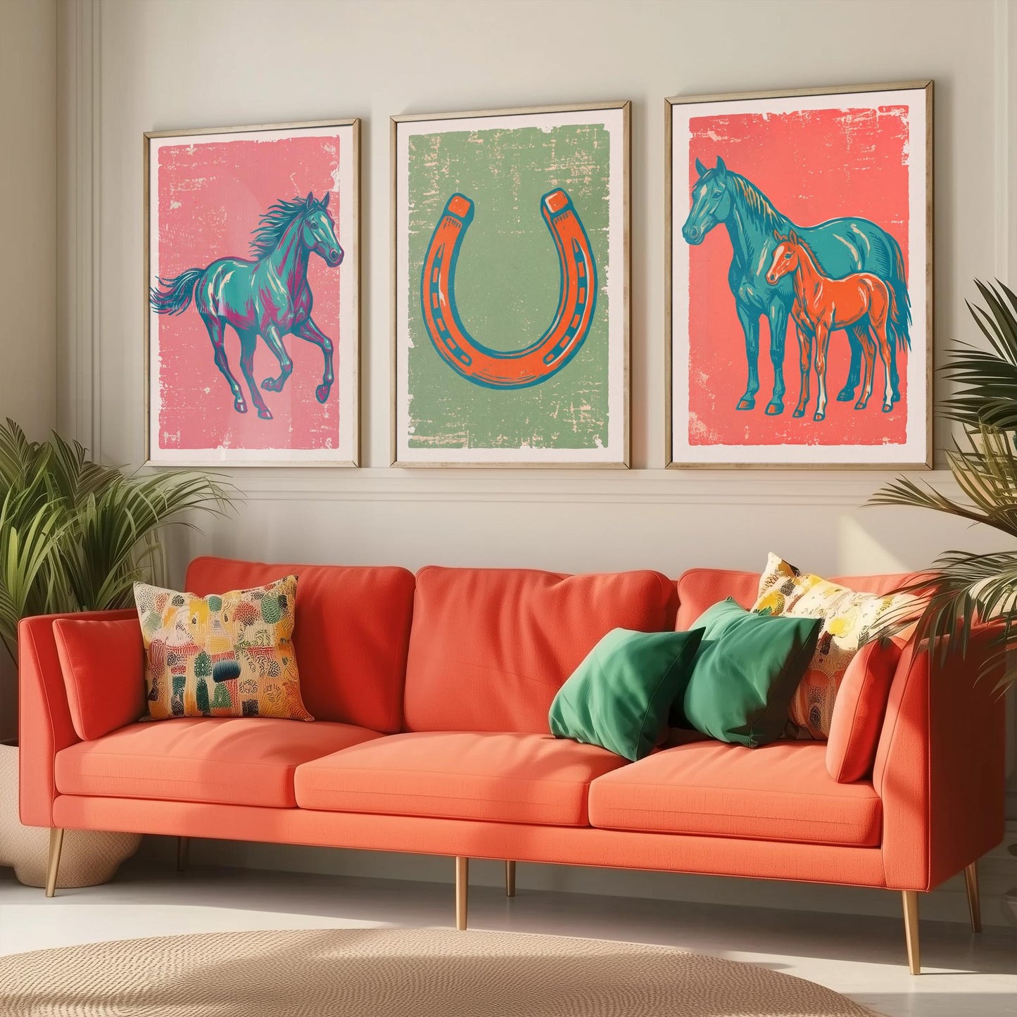 Galloping Horse, Horseshoe and Mare with Foal - Set of Three Horse Art Prints - Linocut Illustrations - Equestrian Posters V2