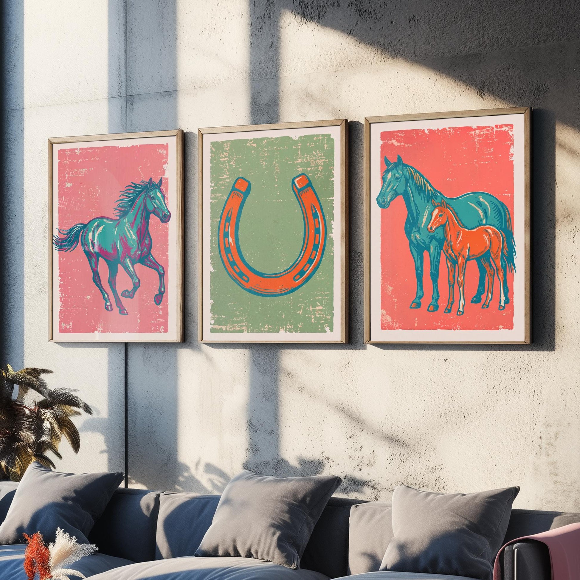 Galloping Horse, Horseshoe and Mare with Foal - Set of Three Horse Art Prints - Linocut Illustrations - Equestrian Posters V2