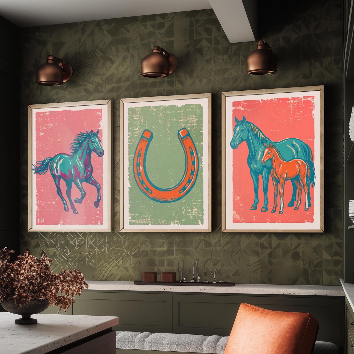 Galloping Horse, Horseshoe and Mare with Foal - Set of Three Horse Art Prints - Linocut Illustrations - Equestrian Posters V2