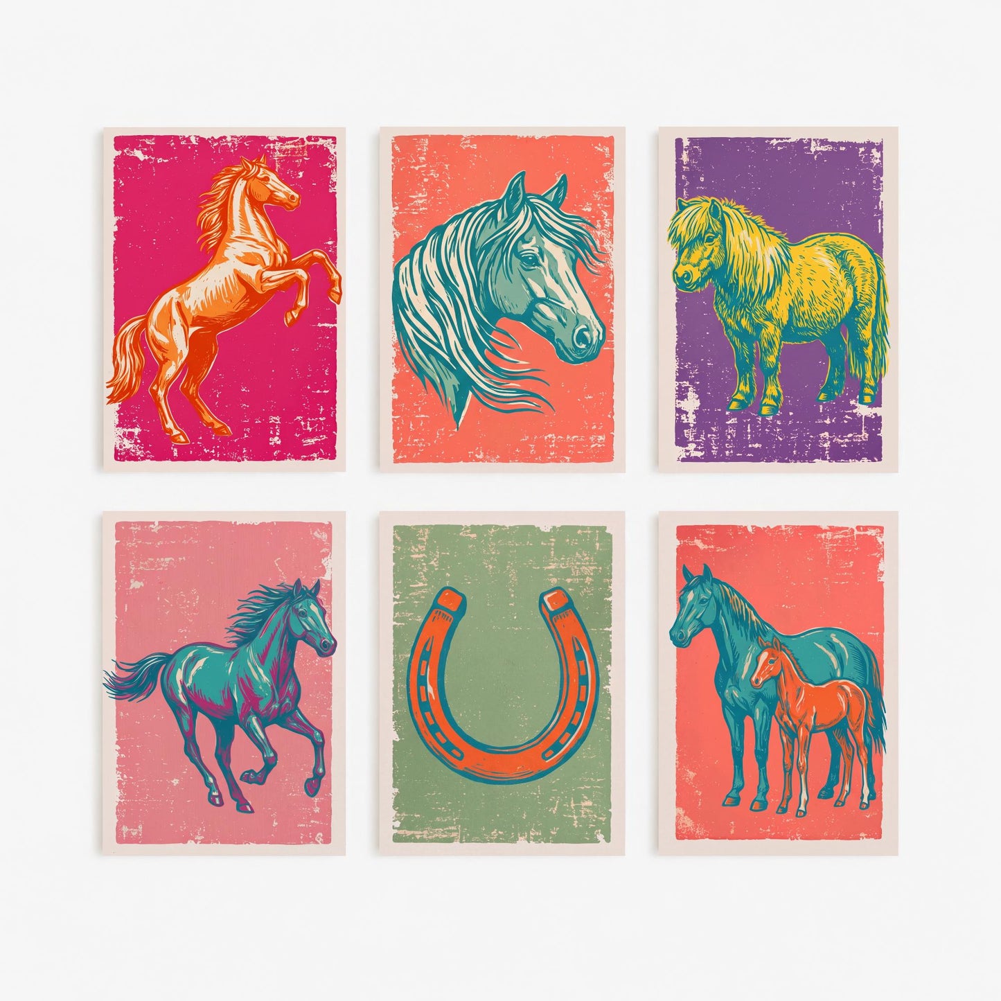 Set of Six Horses and Ponies Art Prints - 6 Linocut Illustrations - Rearing Horse, Horse Head, Shetland Pony, Horseshoe - Equine Posters