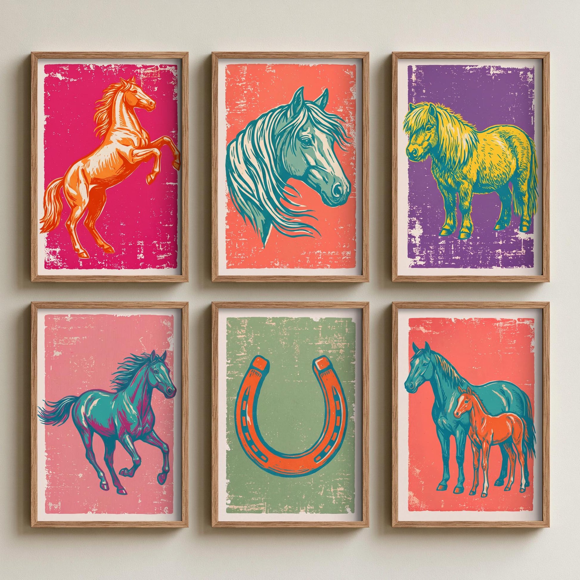 Set of Six Horses and Ponies Art Prints - 6 Linocut Illustrations - Rearing Horse, Horse Head, Shetland Pony, Horseshoe - Equine Posters