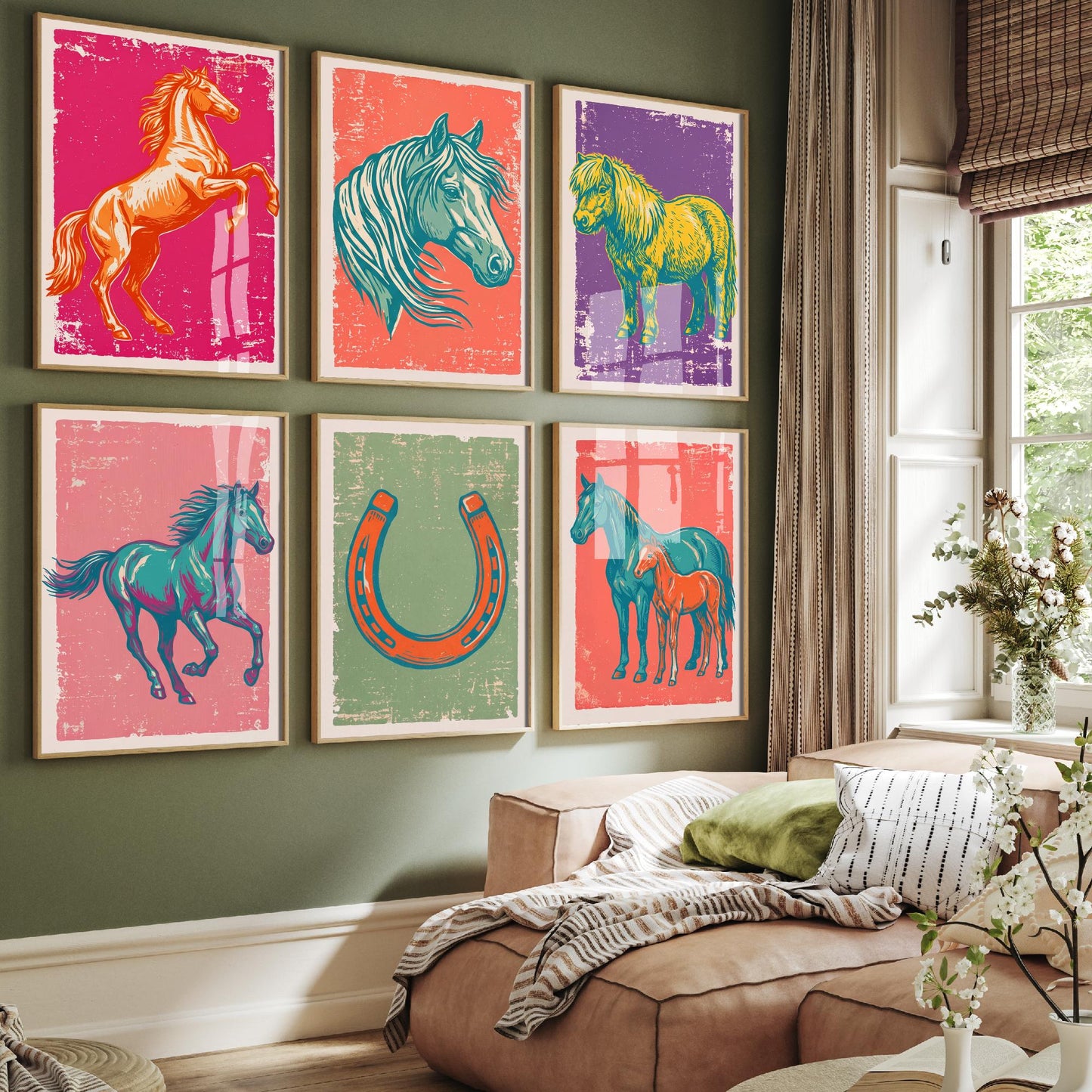 Set of Six Horses and Ponies Art Prints - 6 Linocut Illustrations - Rearing Horse, Horse Head, Shetland Pony, Horseshoe - Equine Posters