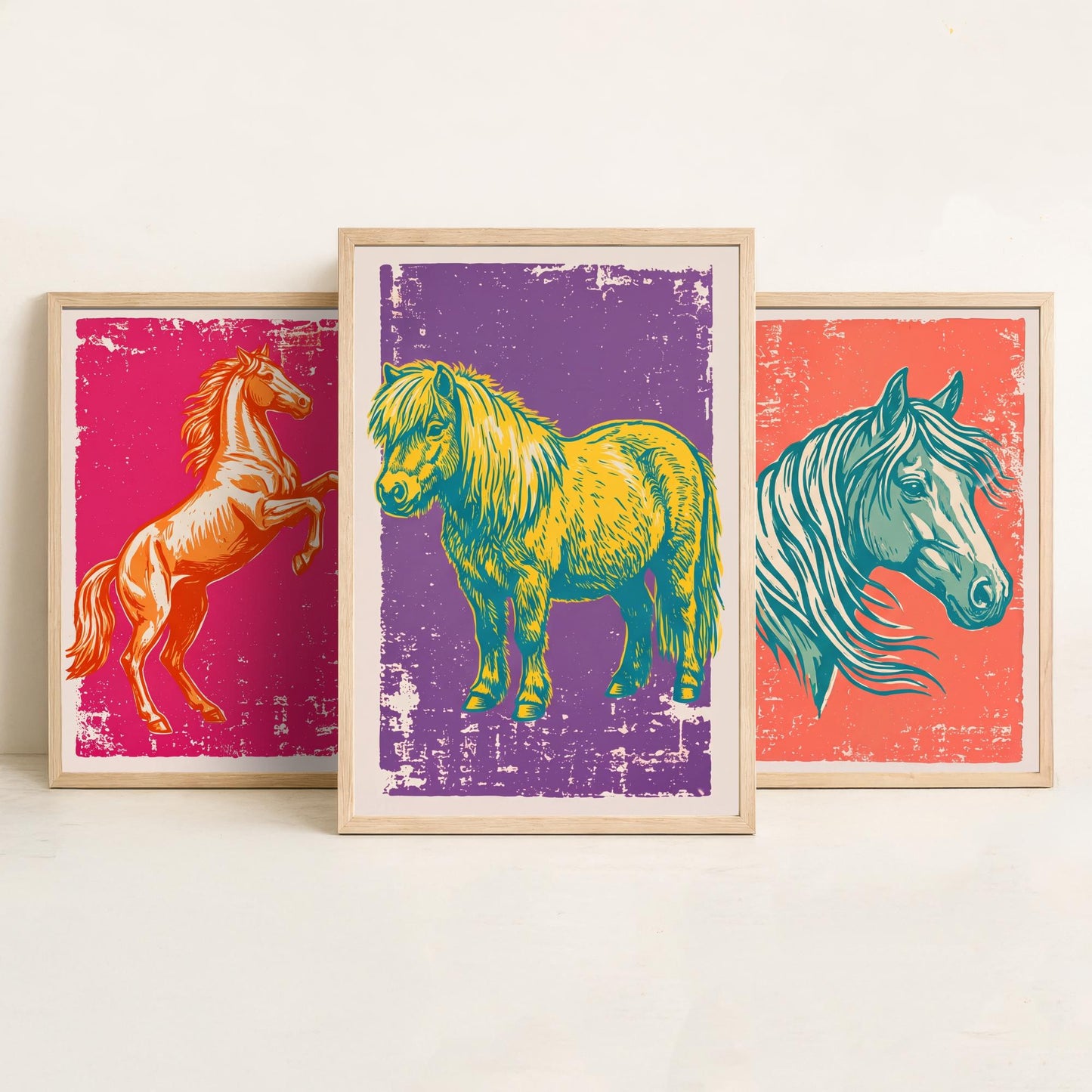 Rearing Horse, Horse Head and Shetland Pony - Set of Three Horse Art Prints - Linocut Illustrations - Equestrian Posters V1